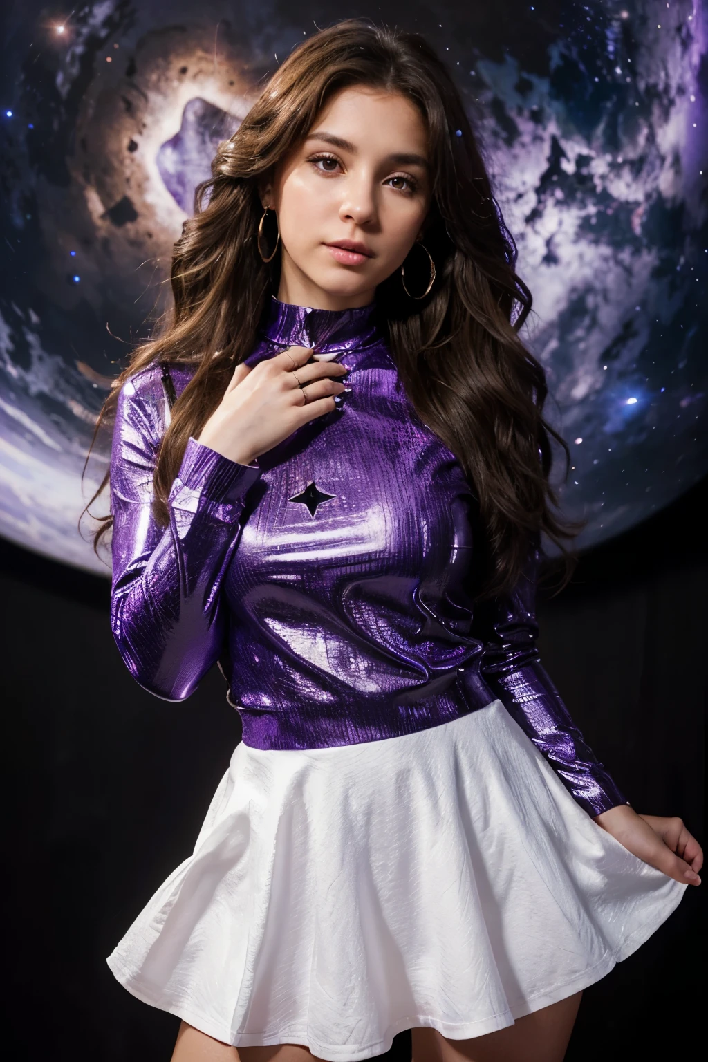 realistic portrait of a cute girl, ultra-textured leather, European woman, many stars, cosmic light, purple long sleeve collar dress, white oversized shirt, purple long skirt with space print, upper body, against the backdrop of the planet Neptune, purple shades in the background, professional photo of a stunning woman, suspension with ground, sharp focus, dramatic, cinematic lighting, brunette, curly long hair, Fluffy hair, earrings rings, Brown eyes, looks straight into the camera
