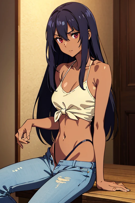 ((best quality)), ((masterpiece)), (detailed), dark tanned skin anime woman in a deep V-neck tied top, (bare shoulders), (bare arms), (jeans), (long hair), starving, (resting hands on the stomach), (hands on the stomach), (slim body), (shiny and oily skin)