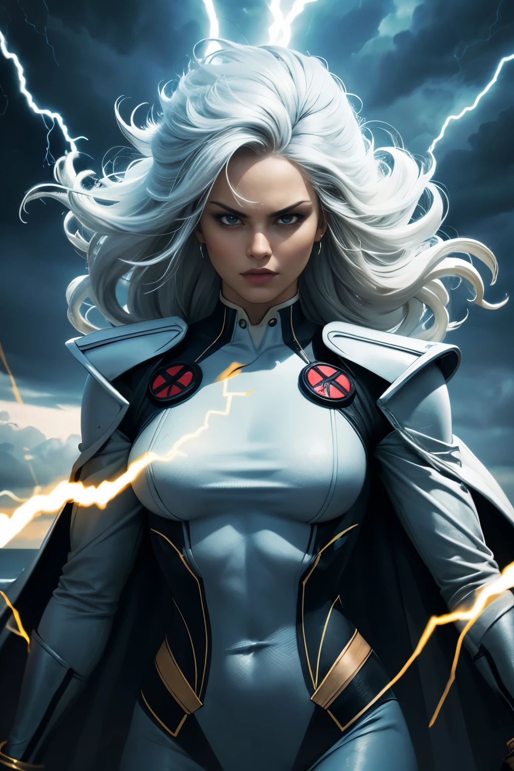 best quality,highres,ultra-detailed,realistic:1.37,professional,dynamic,action shot,storm character art,storm from the X-Men,storm conjuring lightning,storm with flowing white hair,storm with intense gaze,storm in a powerful pose,strong facial features,storm's iconic cape,storm surrounded by storm clouds,storm with dramatic lighting,storm's eyes glowing white,storm's lightning powers crackling,storm with an intense expression,storm with a determined look,storm wearing her classic costume,storm floating in the air,storm with winds swirling around her,storm creating a thunderstorm,storm casting lightning bolts,storm's cape billowing in the wind,storm with a fierce and confident posture,vivid colors,bokeh,portrait