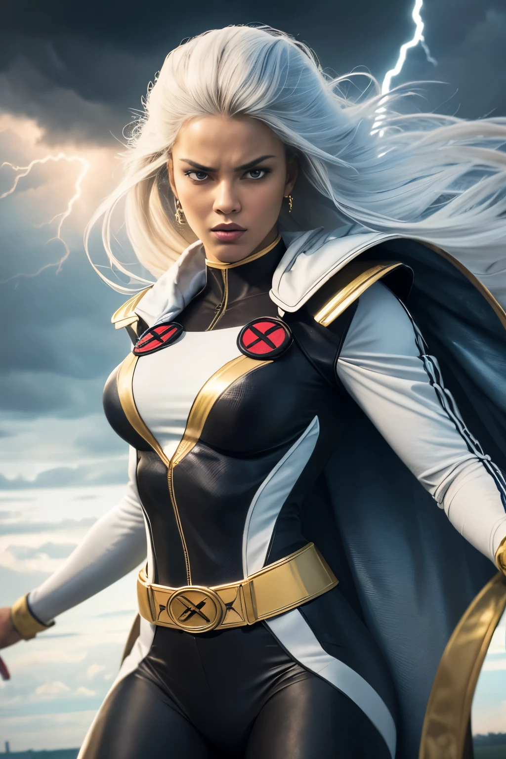 best quality,highres,ultra-detailed,realistic:1.37,professional,dynamic,action shot,storm character art,storm from the X-Men,storm conjuring lightning,storm with flowing white hair,storm with intense gaze,storm in a powerful pose,strong facial features,storm's iconic cape,storm surrounded by storm clouds,storm with dramatic lighting,storm's eyes glowing white,storm's lightning powers crackling,storm with an intense expression,storm with a determined look,storm wearing her classic costume,storm floating in the air,storm with winds swirling around her,storm creating a thunderstorm,storm casting lightning bolts,storm's cape billowing in the wind,storm with a fierce and confident posture,vivid colors,bokeh,portrait