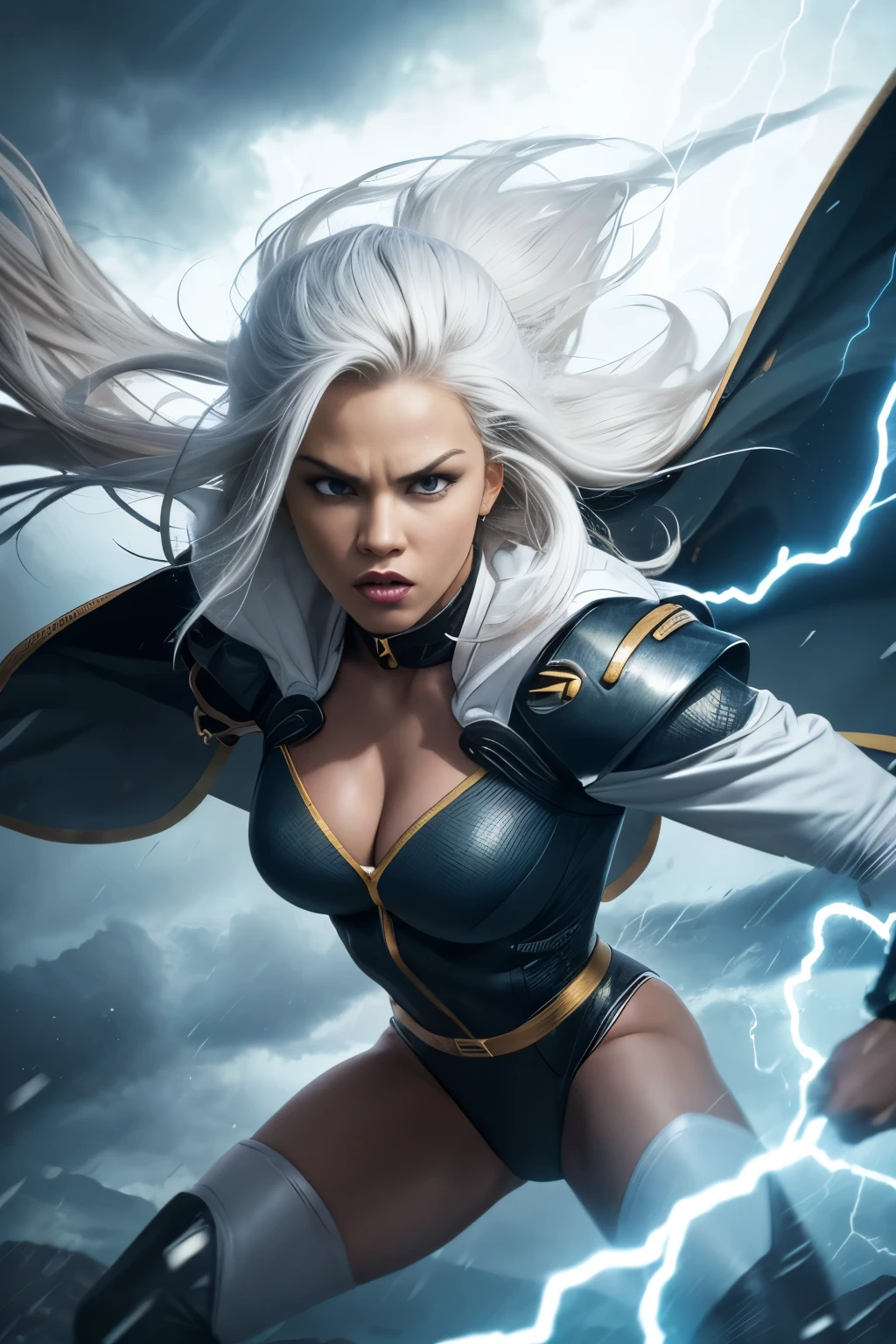 best quality,highres,ultra-detailed,realistic:1.37,professional,dynamic,action shot,storm character art,storm from the X-Men,storm conjuring lightning,storm with flowing white hair,storm with intense gaze,storm in a powerful pose,strong facial features,storm's iconic cape,storm surrounded by storm clouds,storm with dramatic lighting,storm's eyes glowing white,storm's lightning powers crackling,storm with an intense expression,storm with a determined look,storm wearing her classic costume,storm floating in the air,storm with winds swirling around her,storm creating a thunderstorm,storm casting lightning bolts,storm's cape billowing in the wind,storm with a fierce and confident posture,vivid colors,bokeh,portrait