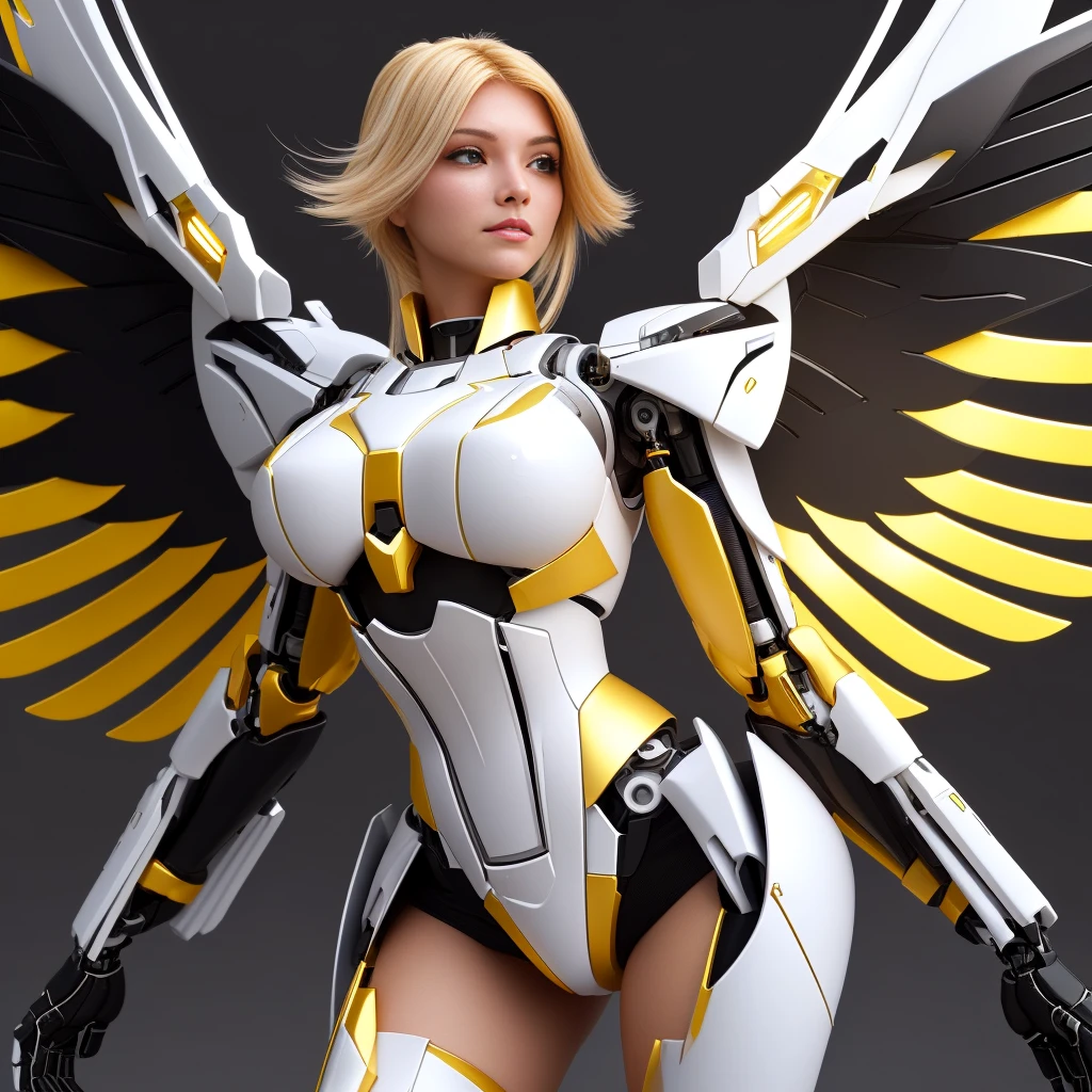 Un primer plano de una mujer con un traje blanco y dorado, merced ( Supervision ), merced from Supervision game (2016), merced from Supervision, beautiful cyborg angel girl, futuristic robot angel, angel with plastic armor, battle angel, from Supervision, angel knight girl, tipo germen ; motor irreal 3d, echo from Supervision, as Supervision character