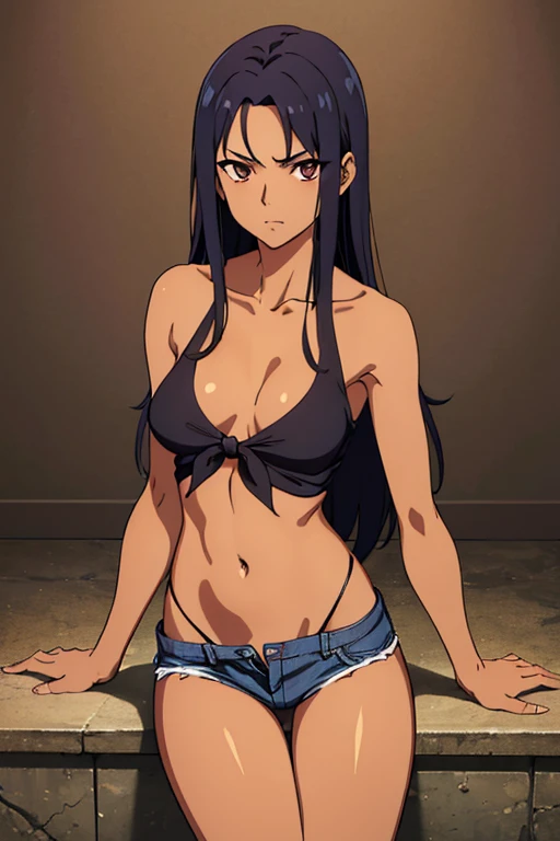 ((best quality)), ((masterpiece)), (detailed), dark tanned skin anime woman in a deep V-neck tied top, (bare shoulders), (bare arms), (jeans), (long hair), starving, (resting hands on the stomach), (hands on the stomach), (slim body), (smooth and shiny skin)