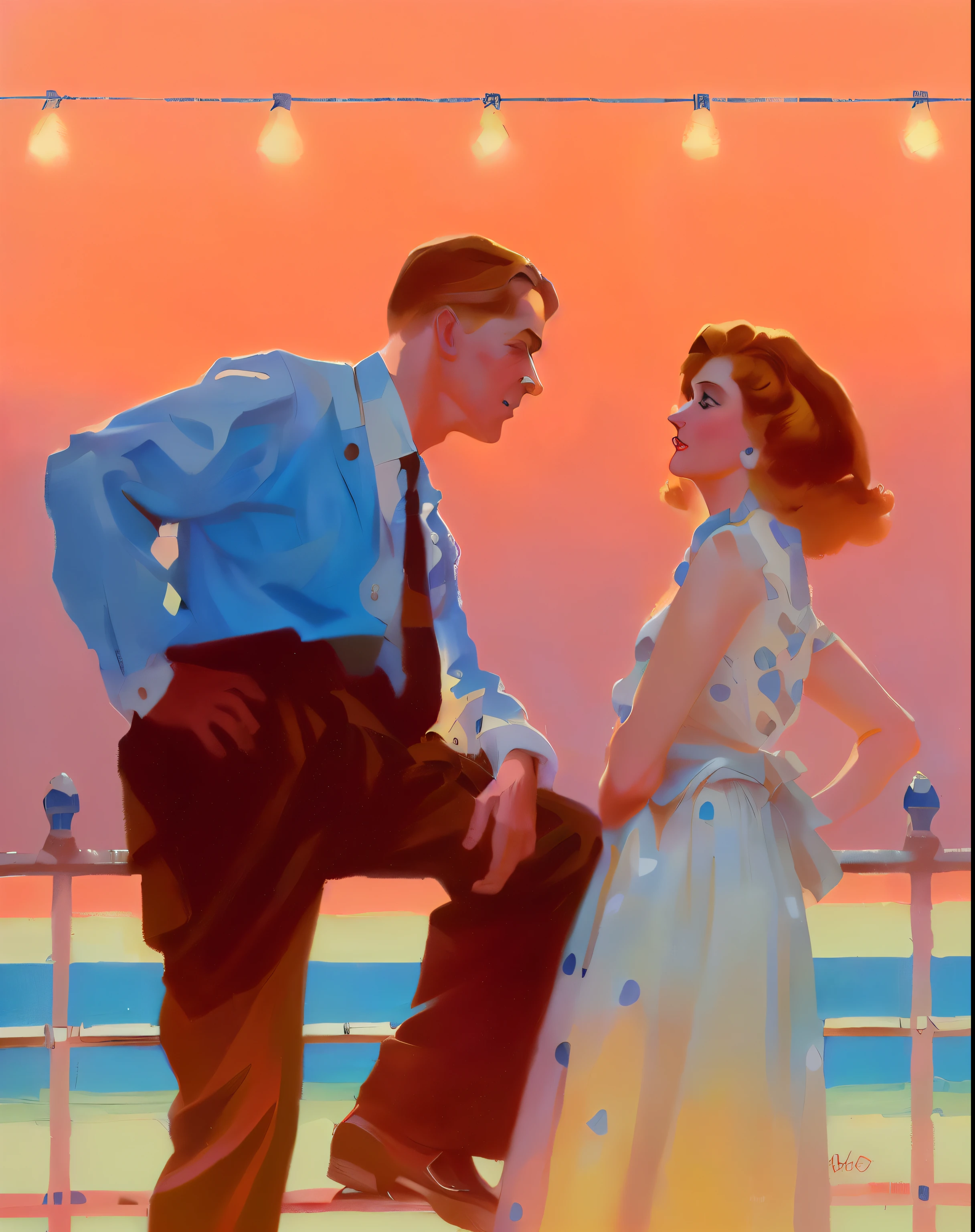 painting of a man and woman standing on a pier next to each other, glen orbik, by John Armstrong, inspired by Art Frahm, angus mcbride, by Jon Whitcomb, kenton nelson, by Robert Peak, ed hopper, inspired by John Philip Falter, by John Alexander, by Richard Rockwell, inspired by Raymond Leech, ( art fitzpatrick )
