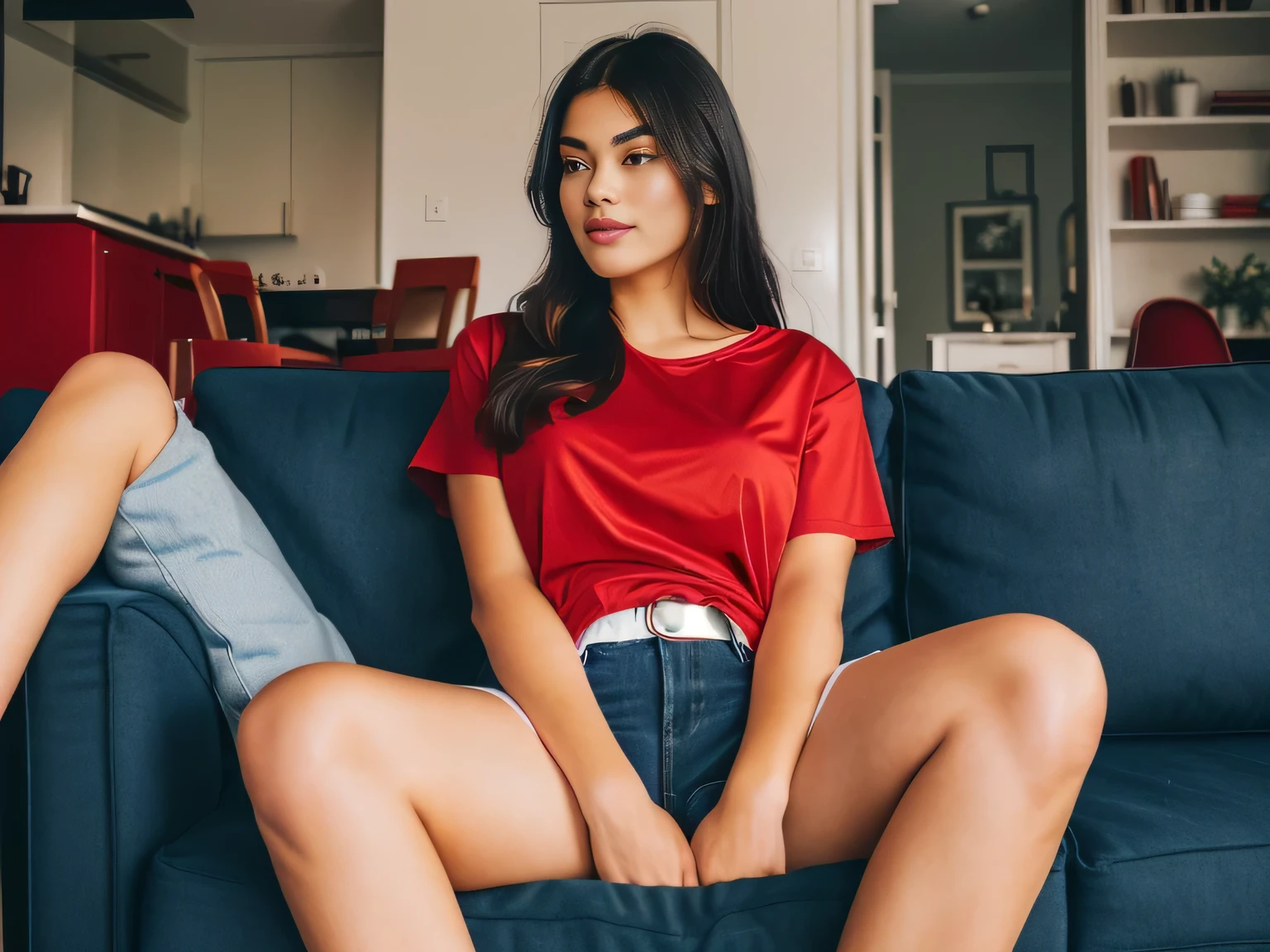 woman sitting on a sofa using a cell phone in a living room, checking her cell phone, checking her cell phone, in shorts, wearing a red t-shirt and dark blue shorts, full body photo, wearing red shorts, dressed in a red top and dark blue shorts, sitting on living room, exposed thighs!!!, goddess checking her phone, beautiful thighs, exposed thighs