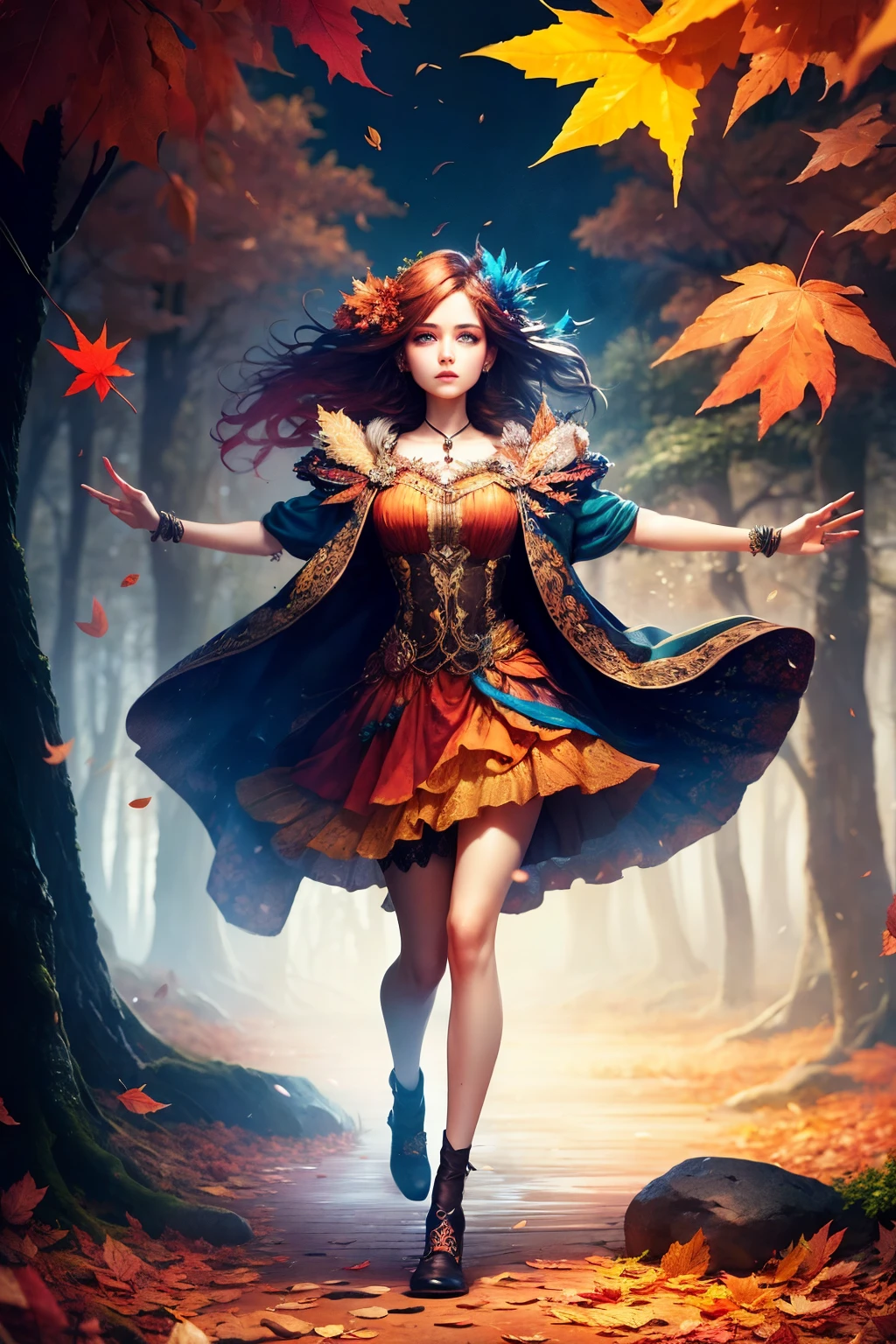 This is an ((ultra detailed)) and ((best quality)) fantasy (((masterpiece))). Generate a beautiful wood faerie standing in the middle of a magical forest. Detailed leaves of oranges and reds float through the air and seem to swirl in a strong gust of wind. The ((faerie's eyes are important)) and are beautiful eyes, ((realistically detailed eyes)), interesting eyes, and (((colorful eyes))) with complex patterns. Her clothes are soft and in autumnal hues, with flowing silk that dances in the breeze. Utilize ((dynamic composition)) and cinematic lighting to create a compelling image. Include beautiful eyes, (puffy lips), orange leaves, red detailed leaves, hazy rays of light, wind, cold