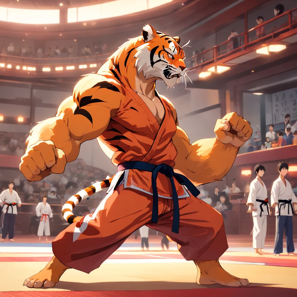 ((foto crua)), ((obra-prima)), Anthropomorphic humanoid tiger wearing (((roupas de karate))), caminhando furiosamente entre as pessoas, detalhe intrincado, Greebles Intricate Pieces, dojo gym from behind, corpo musculoso, (((big muscles))), Muscular arms, (Small head), ogro monstruoso, Titan soft lighting, hiper-realista, soft lighting, Ambiente sinistro, pose de corrida