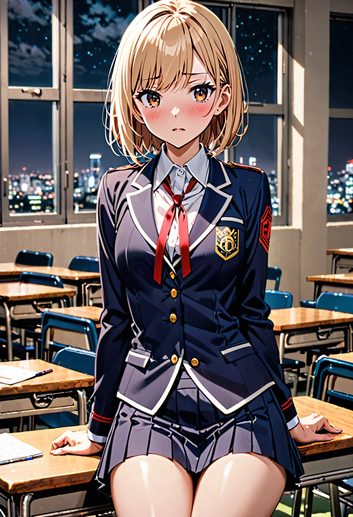 1 female,The perfect 20 years old,gal,((ideal ratio body proportions:1.3,small head:1.7)),((dark brown skin)),((high quality anime, 8k,masterpiece,Perfect Anatomy)),(beautiful detailed face and eyes,gorgeous eye:1.3), BREAK ,brown eyes, BREAK ,blonde hair,short bob hair,bangs, BREAK ,blush,Anxious expression,cowboy shot,small breasts,slender body, toned body,skinny,sweat, BREAK ,Academy服、Dark blue blazer jacket、Red ribbon tie、White shirt、pleated navy mini skirt, BREAK ,Sit at a desk、arms behind back,classroom、Academy、Tokyo、at night、