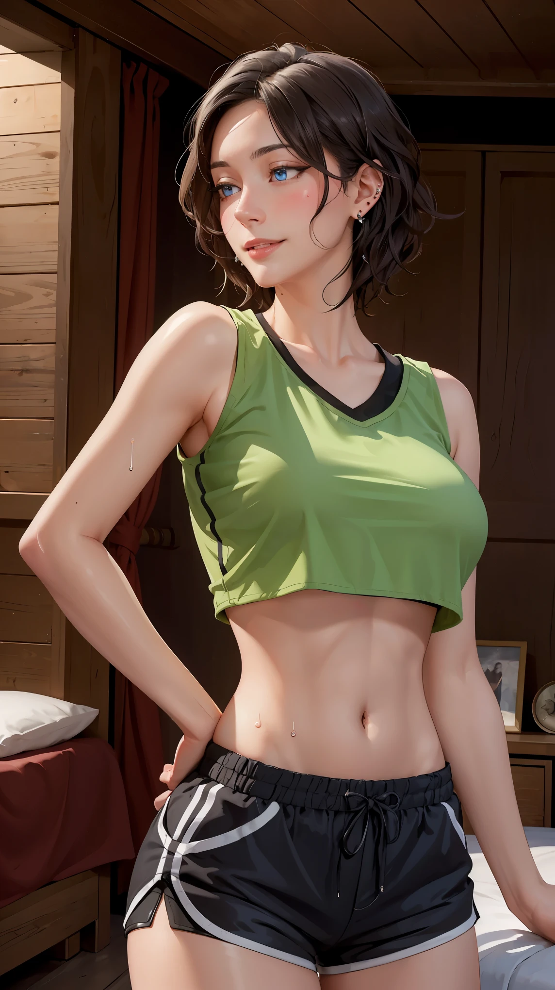 ((((masterpiece, best quality, high resolution)))), Extremely detailed 8K, Beautiful girl with voluptuous body, (Ultra HD, Ultra-detailed, Highly detailed, Highly realistic, Ultra-realistic, photograph realistic), (1girl:1.5), (Realistic black hair), (short wavy hair, earrings), (dynamic poses), facing at camera, looking at viewer, (blushing red, embarrassed, smile), (blue eyes, sharp eyes), (perky breasts:1.2), (beautiful detailed face, beautiful detailed eyes), ((crop top, track shorts)), (standing up), sweat, glow, ((cowboy shot)), bedroom