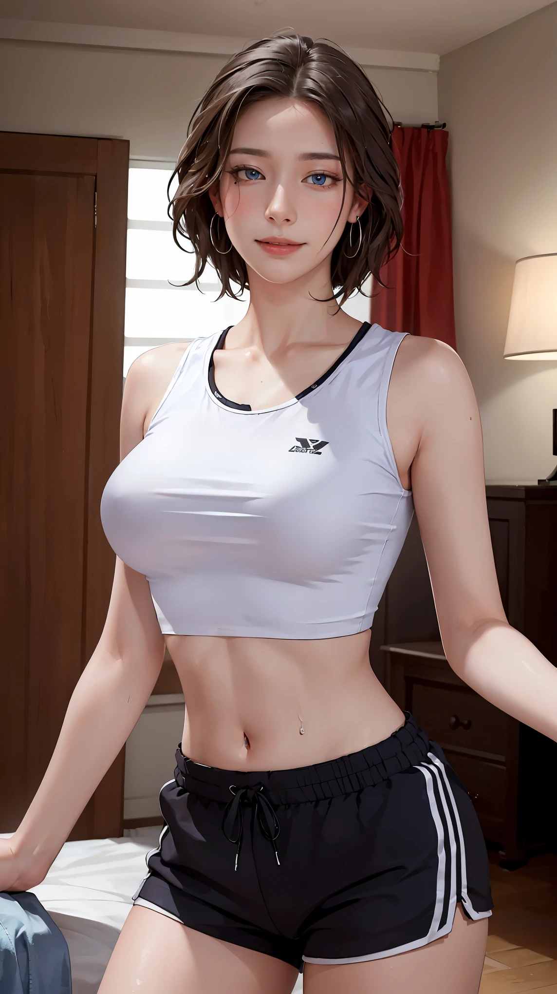 1 girl, solo, adorable, superbly beautiful, short wavy hair, sporty head band, kick boxer fighter, kick boxer style, loose white oblong shirt, short tight pants, curvaceous, toned body, medium round tits, big thighs, perfect legs, candid camera, intricate details, hyper realistic, lifelike, realistic moisy skin, barefooted, (((dim dark black background))), ((tracing light from behind)), ((golden rim light, illuminating the subject from behind)), in fighting stance, (((pakistani teen))), (detailed face and eyes:1.2), (front view), grin, lip gloss, sparkling eyes, seductive eyes