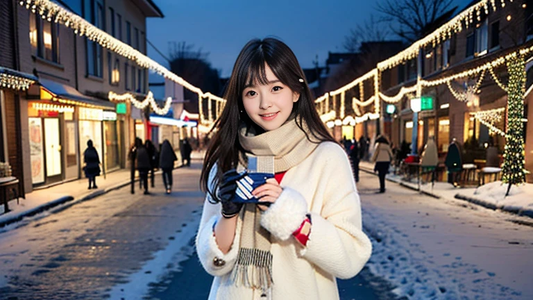 (Two long-haired girls with dull bangs in winter clothes and scarf coats.:1.5)、(A girl with a shy smile held a gift box in her hand with gloves.:1.5)、(winter snowing night street corner with christmas lights:1.5)、(perfect anatomy:1.3)、(no mask:1.3)、(Complete finger:1.3)、realistic、photography、tabletop、Highest quality、high resolution, Delicate and pretty、perfect face、Beautifully detailed eyes、Beautiful skin、real human skin、hair follicles、((slender legs))、(dark hair)