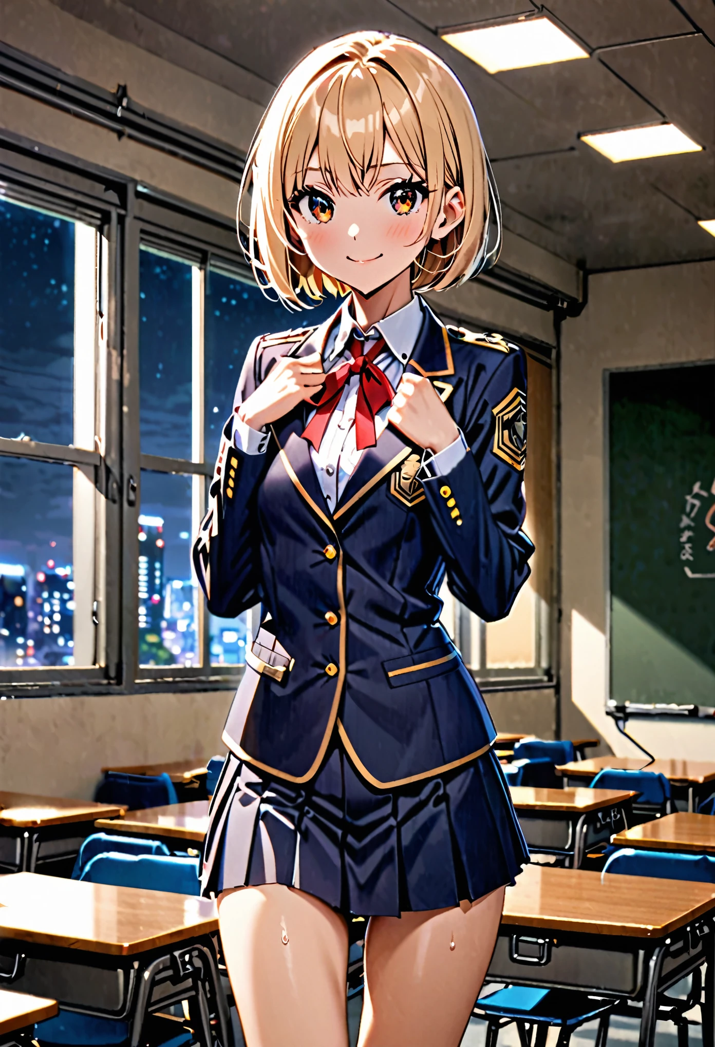 1 female,The perfect 20 years old,gal,((ideal ratio body proportions:1.3,small head:1.7)),((dark brown skin)),((high quality anime, 8k,masterpiece,Perfect Anatomy)),nsfw,(beautiful detailed face and eyes,gorgeous eye:1.3),  BREAK  ,brown eyes,  BREAK  ,blonde hair,short bob hair,bangs,  BREAK  shy,smile,cowboy shot,small breasts,slender body, toned  body,skinny,sweat,  BREAK  ,Academy服、Dark blue blazer jacket、Red ribbon tie、pleated navy mini skirt,　BREAK   ,classroom、Academy、Tokyo、at night、