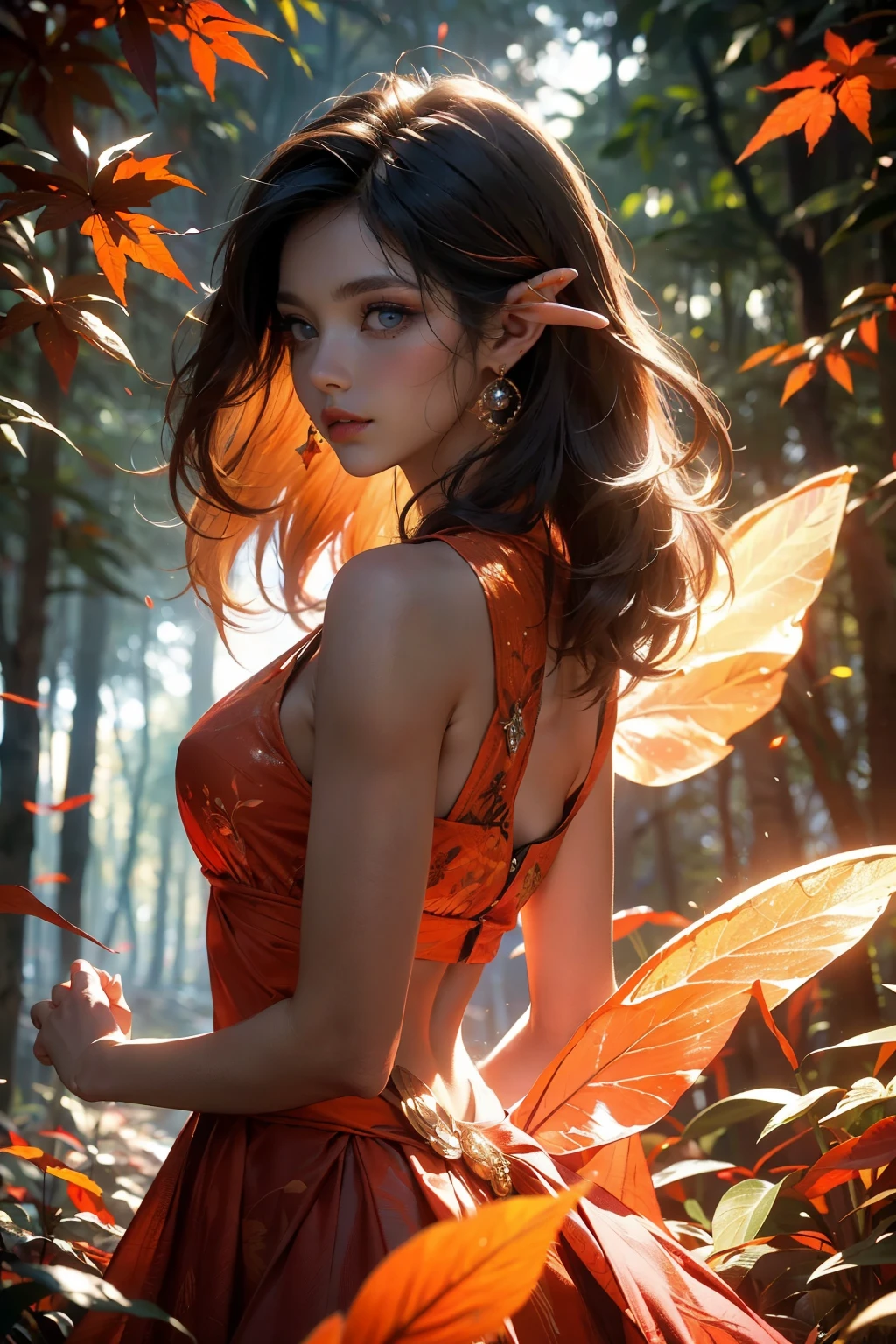 This is an ((ultra detailed)) and ((best quality)) fantasy (((masterpiece))). Generate a beautiful wood faerie standing in the middle of a magical forest. Detailed leaves of oranges and reds float through the air and seem to swirl in a strong gust of wind. The ((faerie's eyes are important)) and are beautiful eyes, ((realistically detailed eyes)), interesting eyes, and (((colorful eyes))) with complex patterns. Her clothes are soft and in autumnal hues, with flowing silk that dances in the breeze. Utilize ((dynamic composition)) and cinematic lighting to create a compelling image. Include beautiful eyes, (puffy lips), orange leaves, red detailed leaves, hazy rays of light, wind, cold 