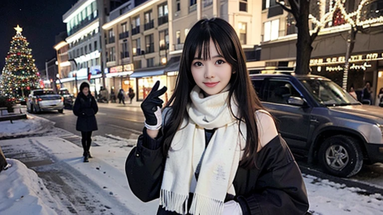 (Two long-haired girls with dull bangs in winter clothes and scarf coats.:1.5)、(A girl with a shy smile held a gift box in her hand with gloves.:1.5)、(winter snowing night street corner with christmas lights:1.5)、(perfect anatomy:1.3)、(no mask:1.3)、(Complete finger:1.3)、realistic、photography、tabletop、Highest quality、high resolution, Delicate and pretty、perfect face、Beautifully detailed eyes、Beautiful skin、real human skin、hair follicles、((slender legs))、(dark hair)