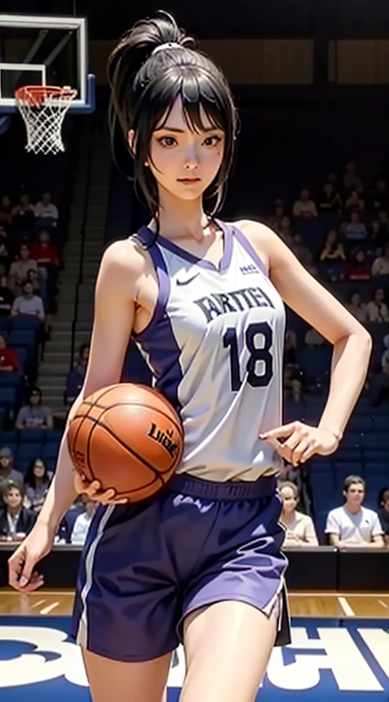 Shizune, long hair tied low, hair band, hana purple eyes, ponytail, beautiful, beautiful woman, perfect body, perfect breasts, wearing a basketball jersey, on the basketball court, holding a basketball, basketball hoop, looking at the audience, little smile, realism, masterpiece, textured skin, super detail, high detail, high quality, best quality, 1080p, 16k