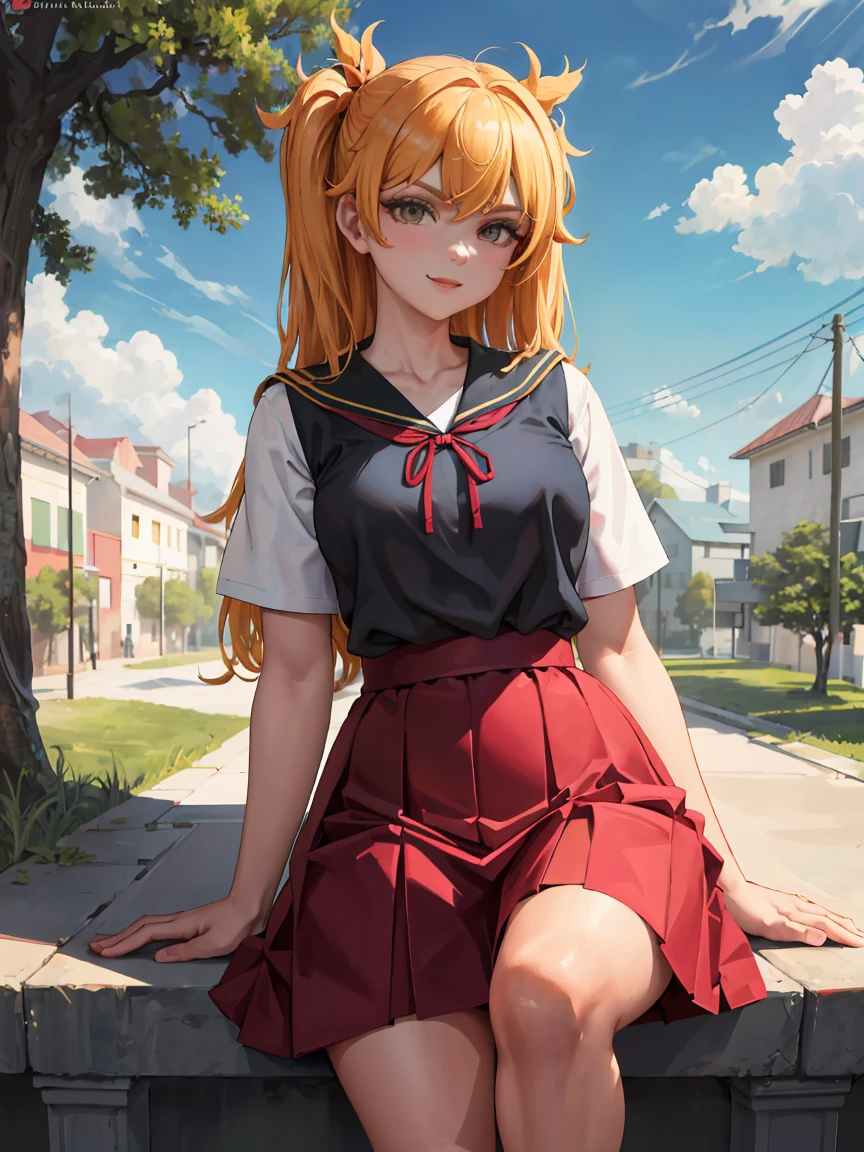 Obra maestra, mejor calidad, 1 chica, asukalangley, Uniforme de escuela secundaria Tokio-3, Red ribbon, , calcetines negros, mirando al espectador, sonrisa ligera, parque de la ciudad, parte superior del cuerpo,