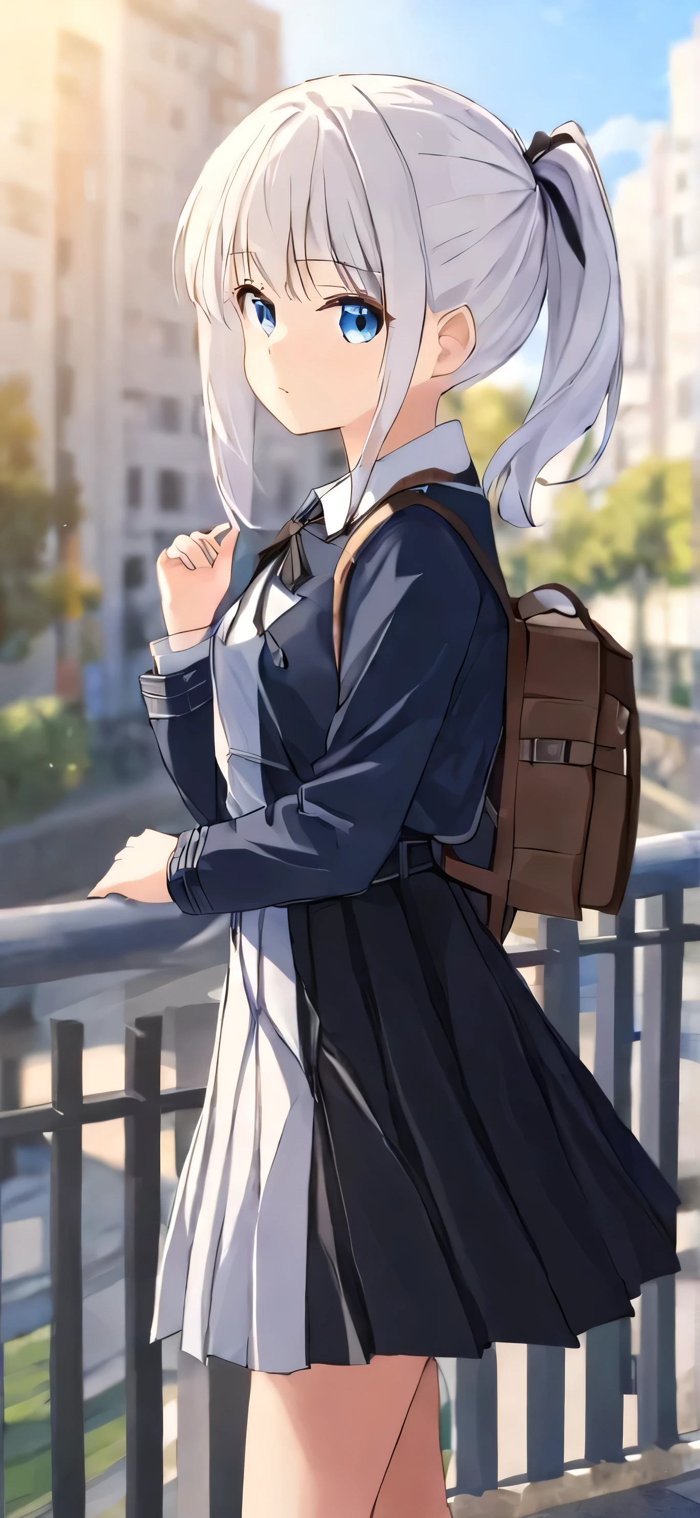 1girl, lycoris_uniform, solo, inoue_takina, pony_tail, bag, two-tone_dress, pleated_dress, blue_eyes, dress, black_dress, white_dress, outdoors, bangs, white_hair, looking_at_viewer, shirt, neck_ribbon, closed_mouth, belt, ribbon, long_sleeves, white_shirt, backpack, city, holding_strap, day, black_ribbon, blurry_background, blurry, blue_belt, brown_bag, railing