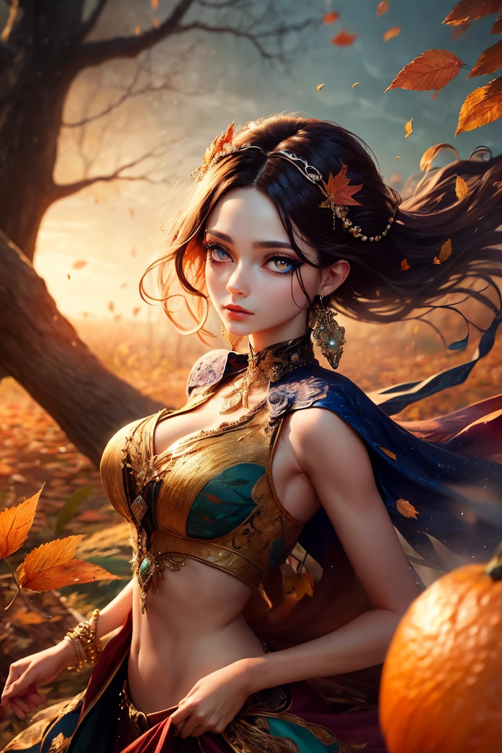 This is an ((ultra detailed)) and ((best quality)) fantasy (((masterpiece))). Generate a beautiful wood faerie standing in the middle of a magical forest. Detailed leaves of oranges and reds float through the air and seem to swirl in a strong gust of wind. The ((faerie's eyes are important)) and are beautiful eyes, ((realistically detailed eyes)), interesting eyes, and (((colorful eyes))) with complex patterns. Her clothes are soft and in autumnal hues, with flowing silk that dances in the breeze. Utilize ((dynamic composition)) and cinematic lighting to create a compelling image. Include beautiful eyes, (puffy lips), orange leaves, red detailed leaves, hazy rays of light, wind, cold