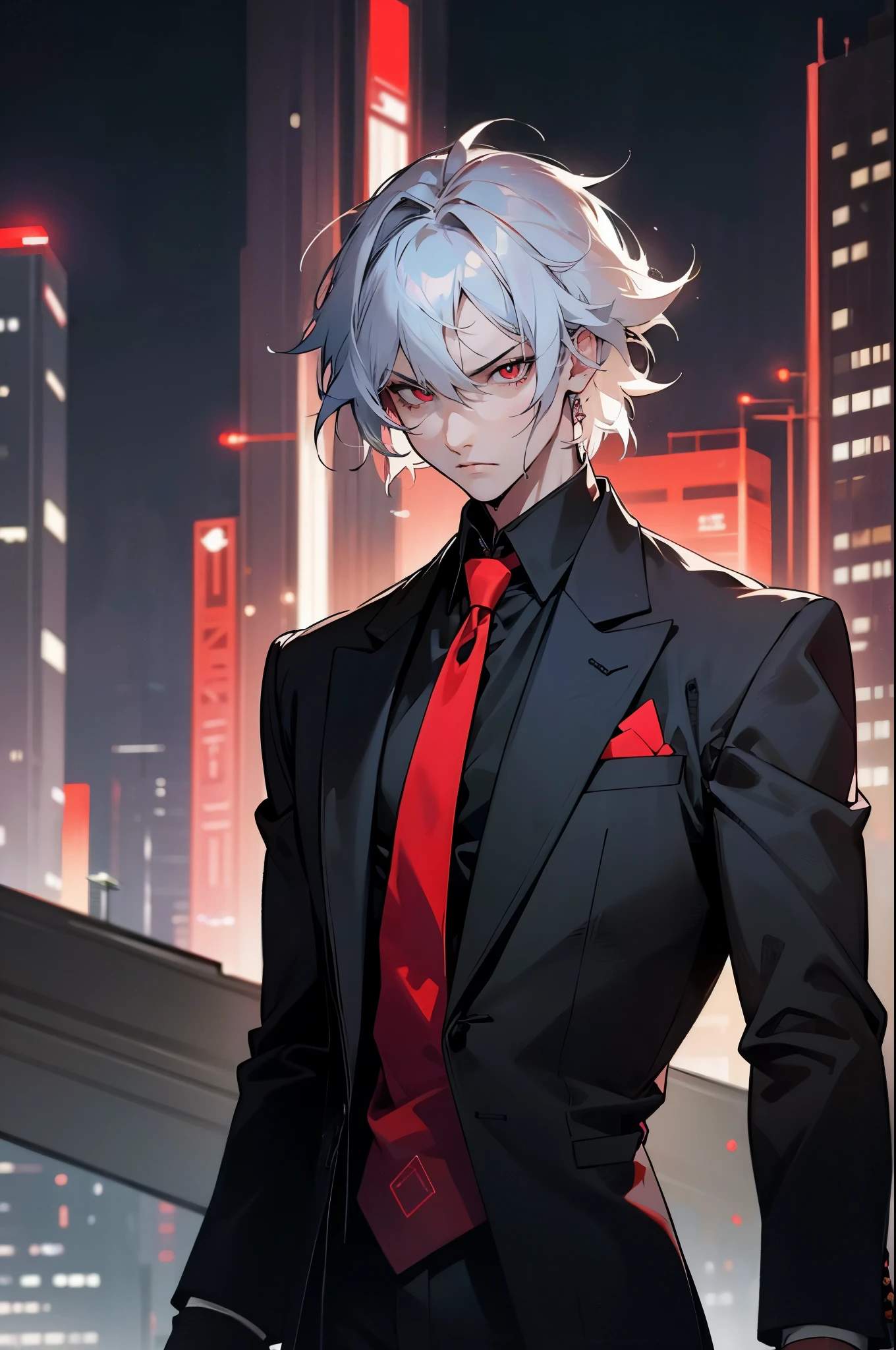 1male, Adult, Silver Hair, Short Hair, Black Suit, Red Tie, Red Eyes, Perfect Generation, Perfect Eyes, Black Pants, Fancy Watch, Cybepunk Facial Implant, City, Night Time, Messy Hair, Serious Face