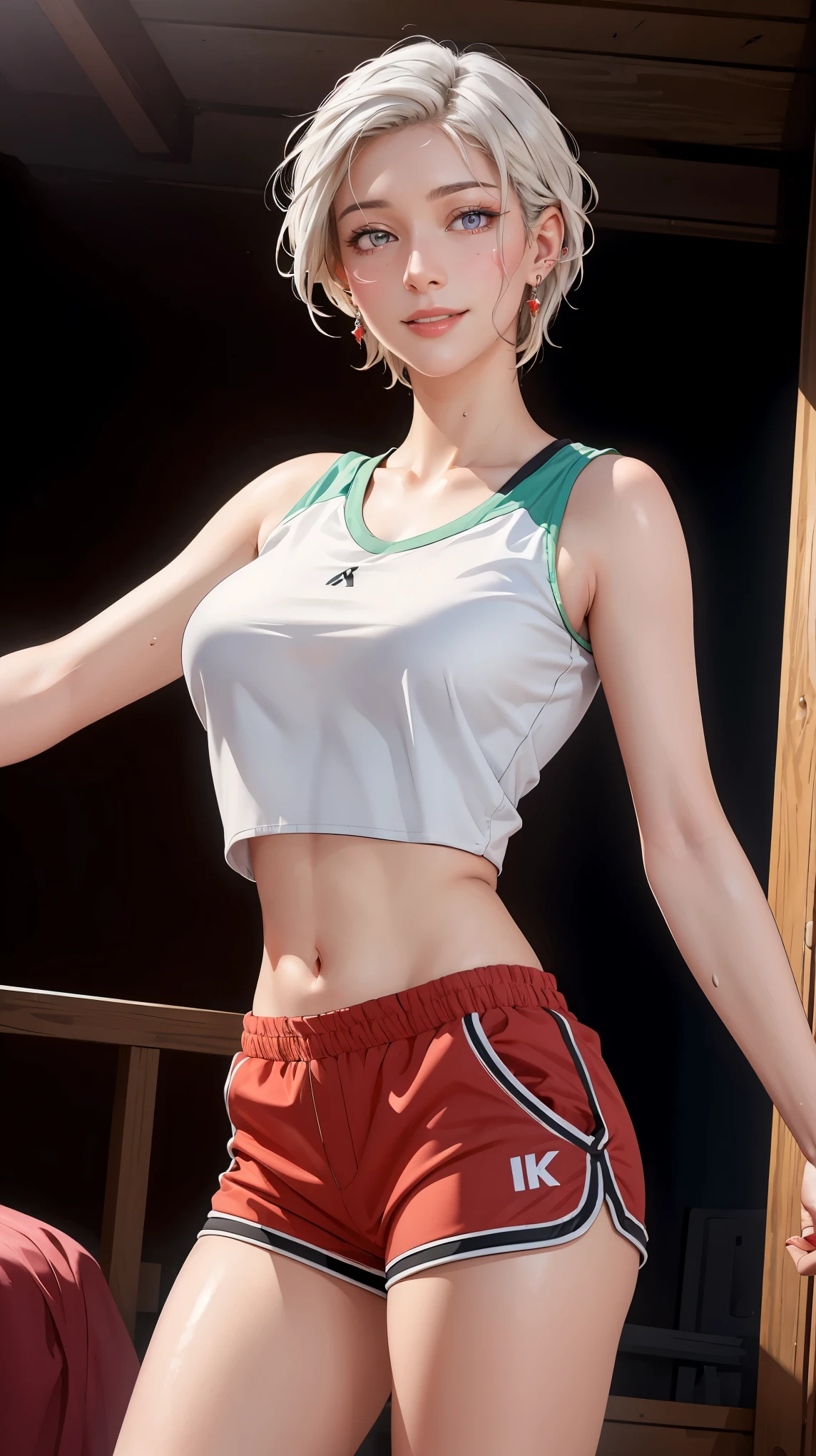 ((((masterpiece, best quality, high resolution)))), Extremely detailed 8K, Beautiful girl with voluptuous body, (Ultra HD, Ultra-detailed, Highly detailed, Highly realistic, Ultra-realistic, photograph realistic), (1girl:1.5), (Realistic white hair), (short wavy hair, earrings), (dynamic poses), facing at camera, looking at viewer, (blushing red, embarrassed, smile), (purple eyes, sharp eyes), (perky breasts:1.2), (beautiful detailed face, beautiful detailed eyes), ((crop top, track shorts)), (standing up), sweat, glow, ((cowboy shot)), bedroom