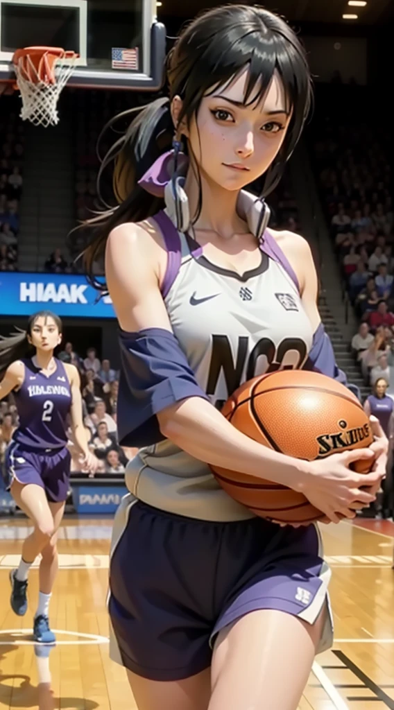 Shizune, long hair tied low, hair band, hana purple eyes, ponytail, beautiful, beautiful woman, perfect body, perfect breasts, wearing a basketball jersey, on the basketball court, holding a basketball, basketball hoop, looking at the audience, little smile, realism, masterpiece, textured skin, super detail, high detail, high quality, best quality, 1080p, 16k
