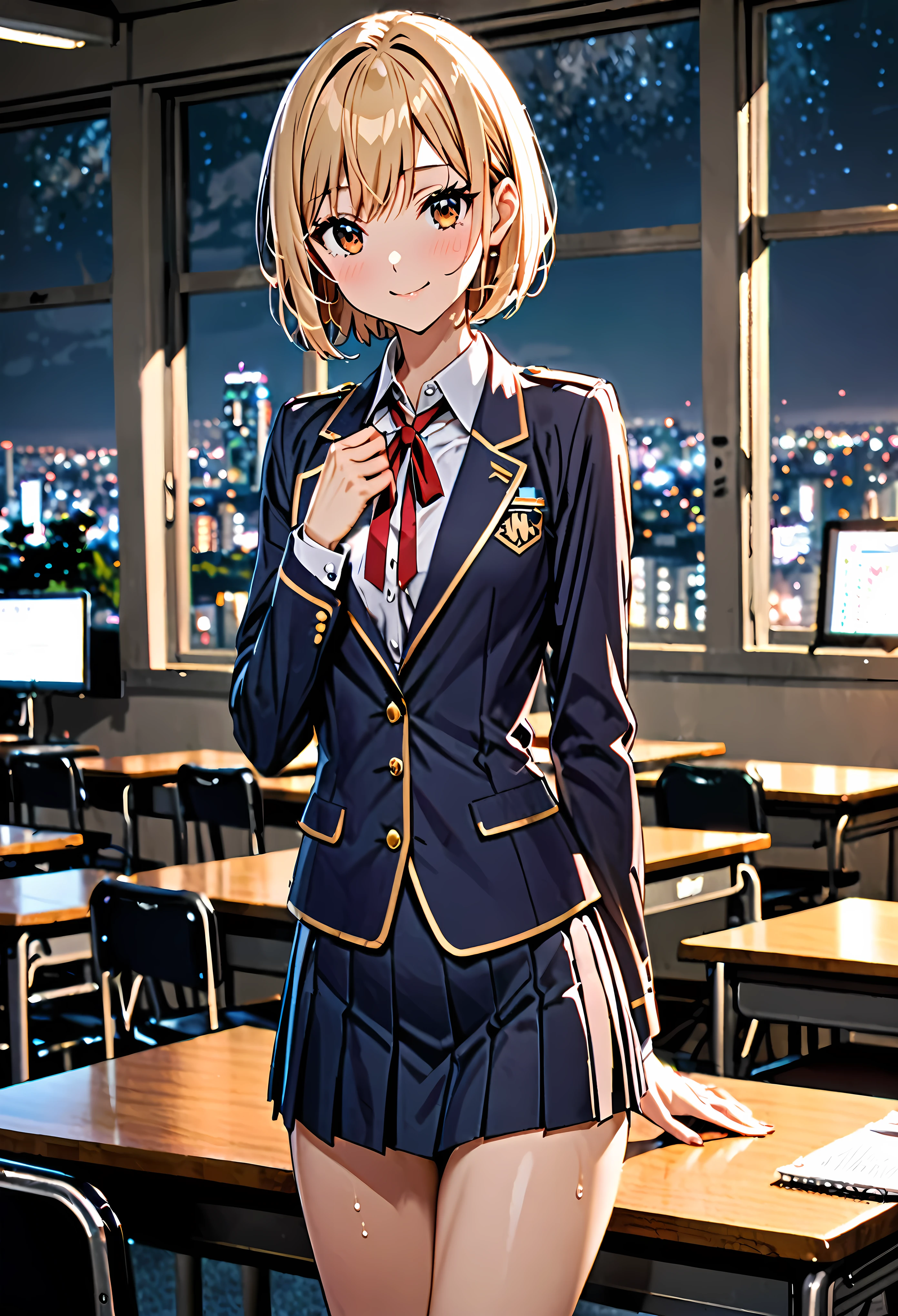 1 female,The perfect 20 years old,gal,((ideal ratio body proportions:1.3,small head:1.7)),((dark brown skin)),((high quality anime, 8k,masterpiece,Perfect Anatomy)),nsfw,(beautiful detailed face and eyes,gorgeous eye:1.3),  BREAK  ,brown eyes,  BREAK  ,blonde hair,short bob hair,bangs,  BREAK  shy,smile,cowboy shot,small breasts,slender body, toned  body,skinny,sweat,  BREAK  ,Academy Clothes、Dark blue blazer jacket、Red ribbon tie、pleated navy mini skirt,　BREAK   ,classroom、Academy、Tokyo、at night、