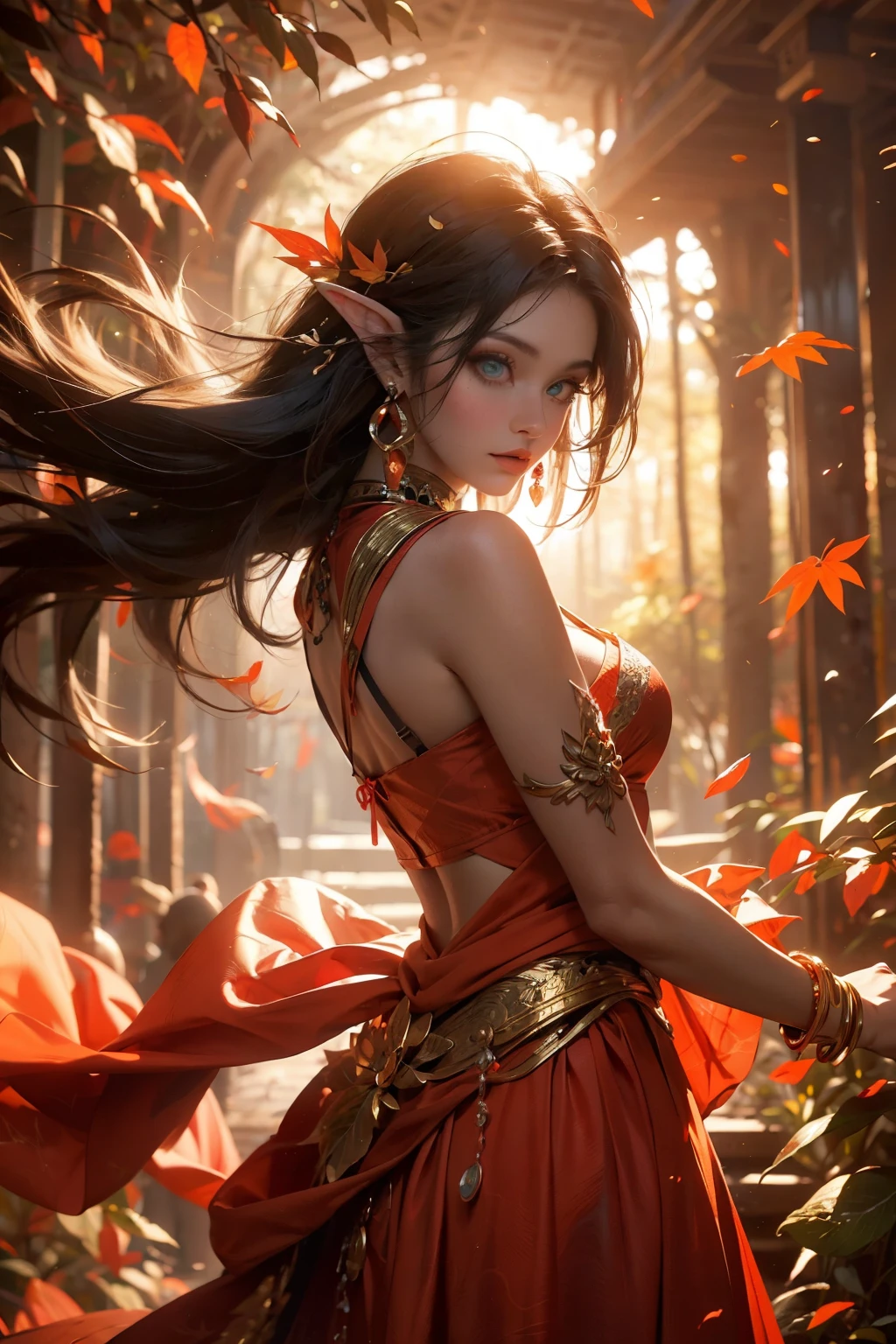 This is an ((ultra detailed)) and ((best quality)) fantasy (((masterpiece))). Generate a beautiful wood faerie standing in the middle of a magical forest. Detailed leaves of oranges and reds float through the air and seem to swirl in a strong gust of wind. The ((faerie's eyes are important)) and are beautiful eyes, ((realistically detailed eyes)), interesting eyes, and (((colorful eyes))) with complex patterns. Her clothes are soft and in autumnal hues, with flowing silk that dances in the breeze. Utilize ((dynamic composition)) and cinematic lighting to create a compelling image. Include beautiful eyes, (puffy lips), orange leaves, red detailed leaves, hazy rays of light, wind, cold 