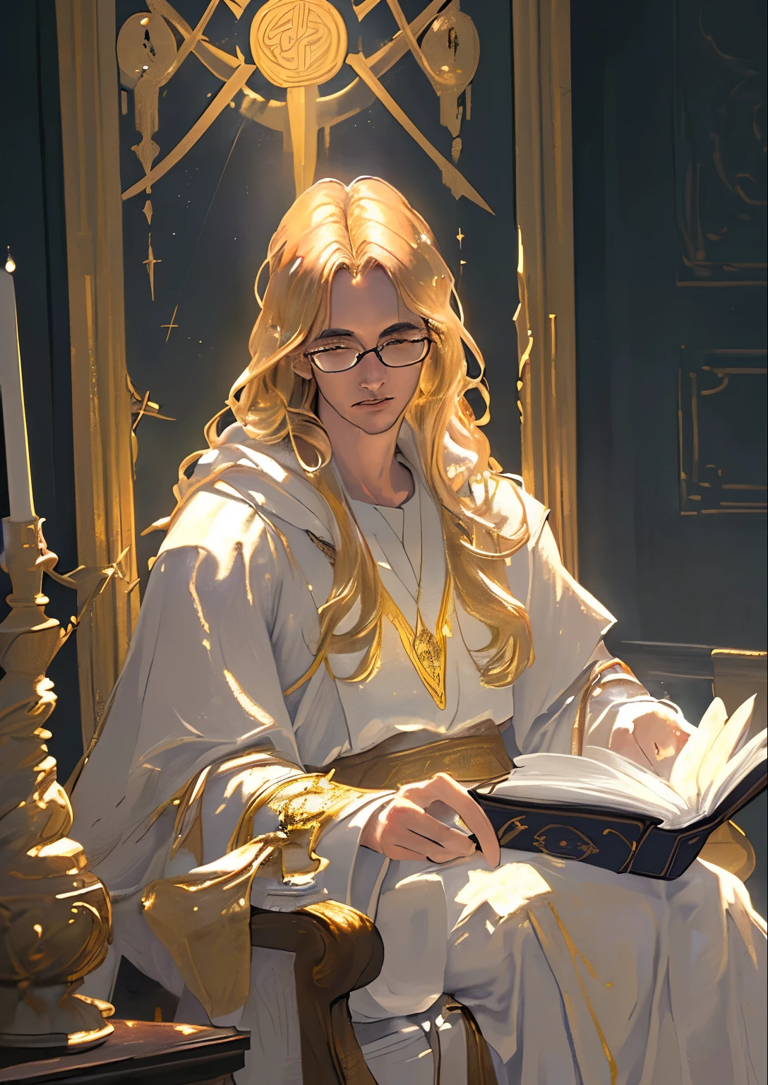 (best quality, ultra-detailed, photorealistic:1.37), male, golden hair, wearing glasses, dressed in a white robe, a wizard, holding a book in the left hand, holding a staff in the right hand, emanating a sense of divinity and authority, with a sacred temple in the background