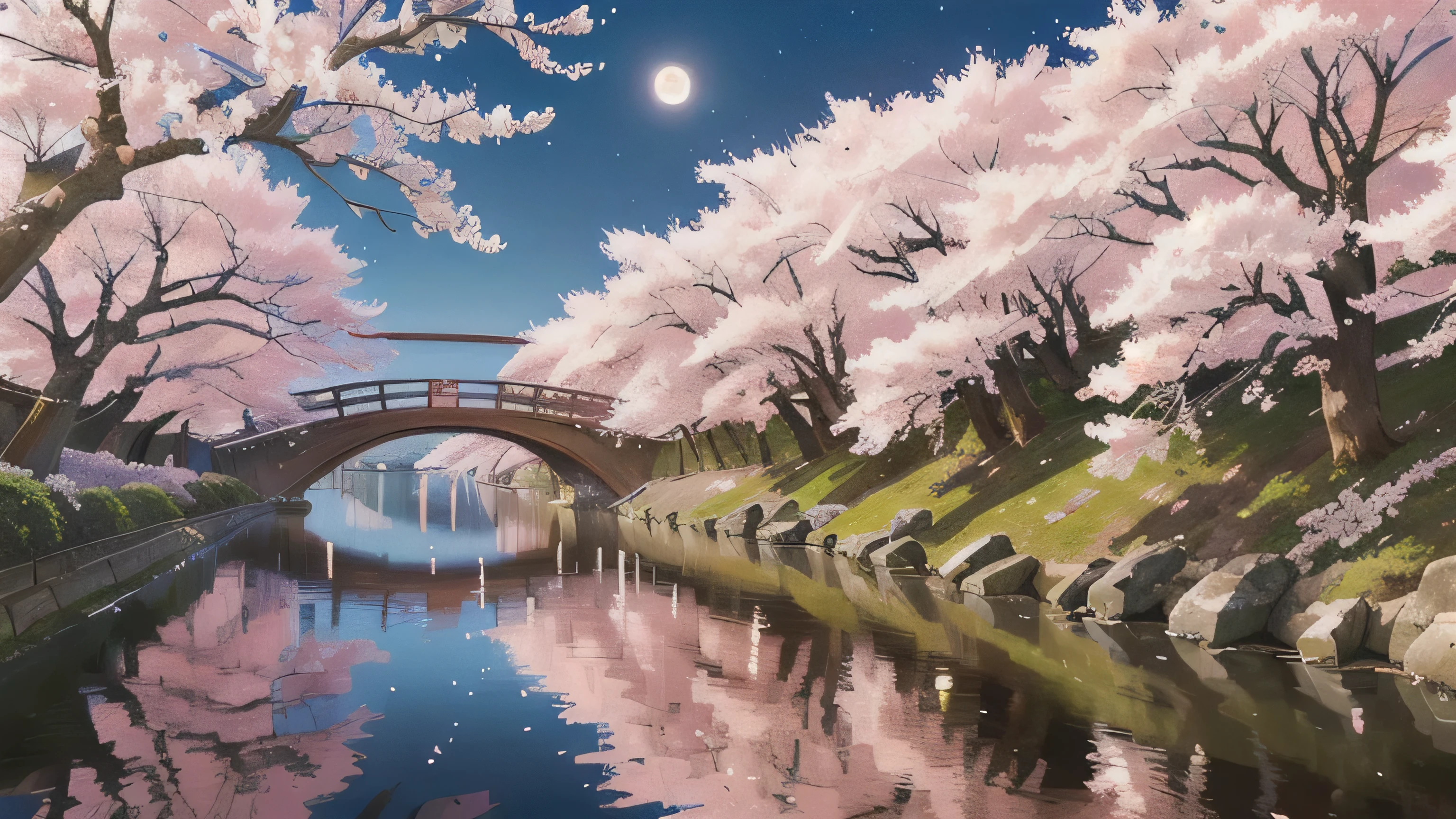 a view of a river with a bridge and trees in bloom, cherry blossom trees, sakura trees, japan nature, lush sakura trees, aomori japan, cherry trees, cherry blossoms, sakura season, cherry blossom, cherry blossom forest, by Tadashi Nakayama, cherry-blossom-tree, really beautiful nature, very beautiful photo, very beautiful scenery, moonlight, night, best night, beautiful night, full moon, 