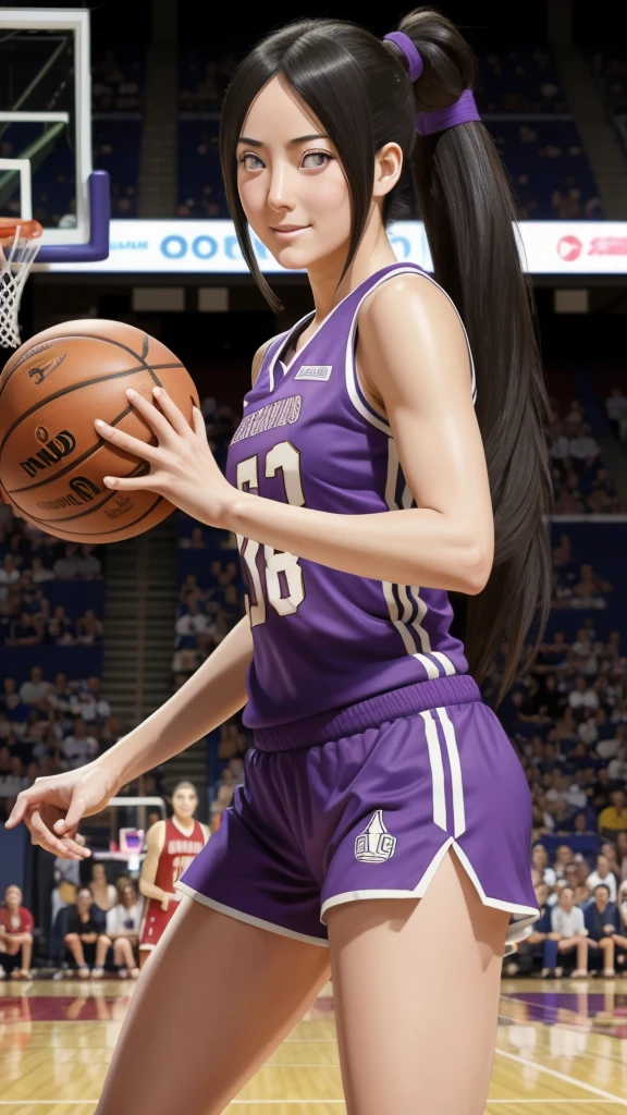 hyuuga hanabi, long hair tied low, hair band, hana purple eyes, ponytail, beautiful, beautiful woman, perfect body, perfect breasts, wearing a basketball jersey, on the basketball court, holding a basketball, basketball hoop, looking at the audience, little smile, realism, masterpiece, textured skin, super detail, high detail, high quality, best quality, 1080p, 16k