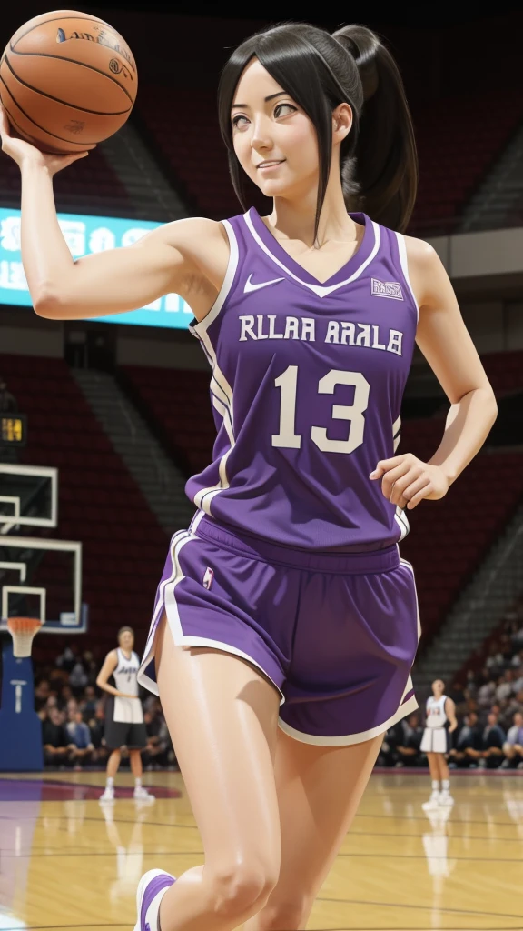 hyuuga hanabi, long hair tied low, hair band, hana purple eyes, ponytail, beautiful, beautiful woman, perfect body, perfect breasts, wearing a basketball jersey, on the basketball court, holding a basketball, basketball hoop, looking at the audience, little smile, realism, masterpiece, textured skin, super detail, high detail, high quality, best quality, 1080p, 16k