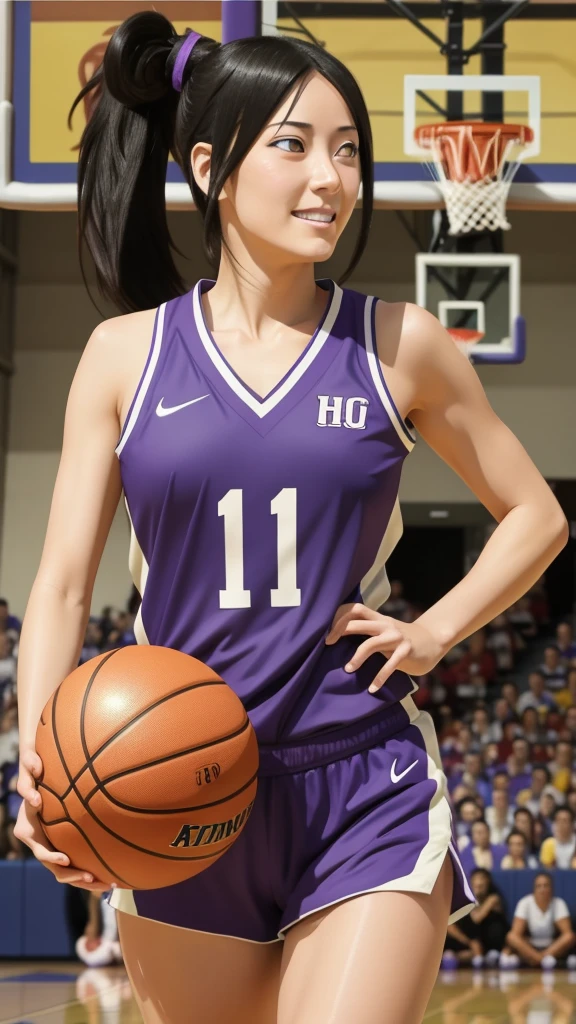 hyuuga hanabi, long hair tied low, hair band, hana purple eyes, ponytail, beautiful, beautiful woman, perfect body, perfect breasts, wearing a basketball jersey, on the basketball court, holding a basketball, basketball hoop, looking at the audience, little smile, realism, masterpiece, textured skin, super detail, high detail, high quality, best quality, 1080p, 16k