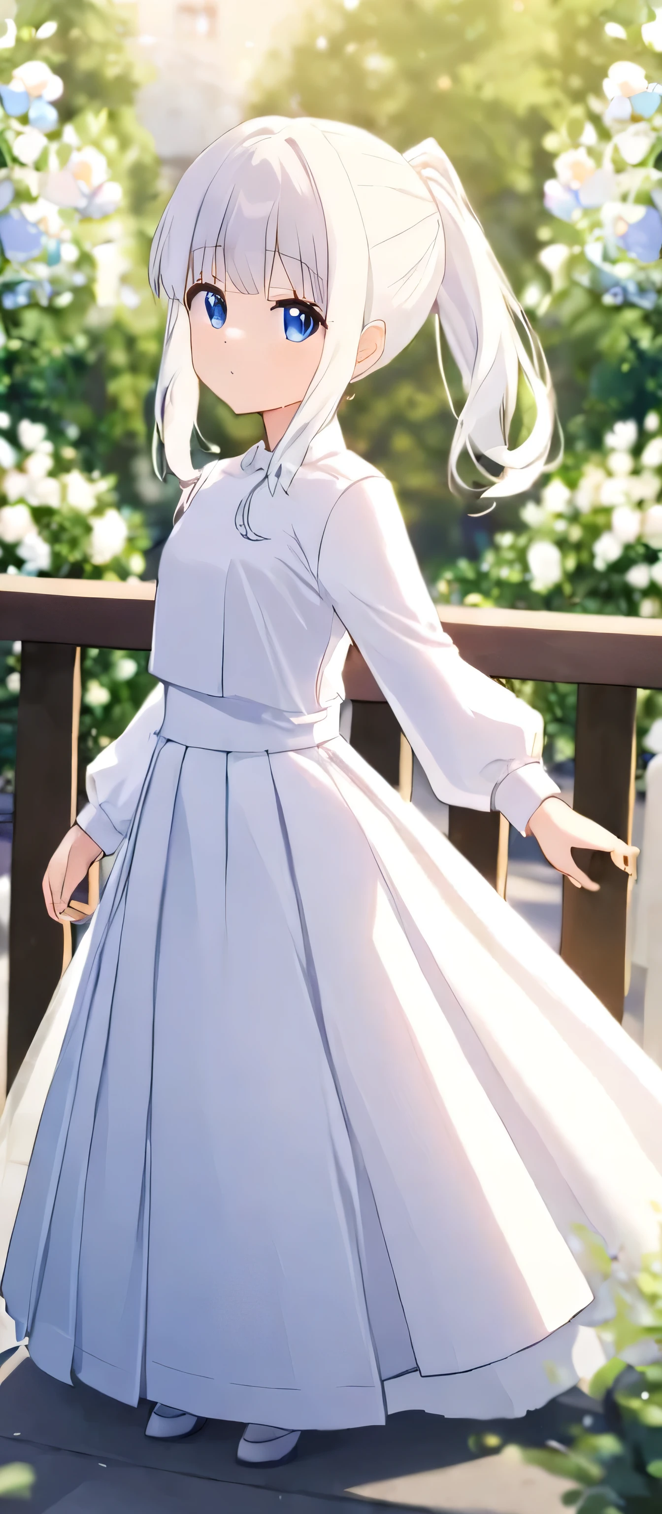 1girl, wedding_dress, solo, inoue_takina, pony_tail, one-tone_dress, pleated_dress, blue_eyes, dress, white_dress, outdoors, bangs, white_hair, looking_at_viewer, closed_mouth, long_sleeves, white_dress, wedding_ceremony, holding_hands, day, ornament_wedding, blurry_background, blurry, flowers, railing