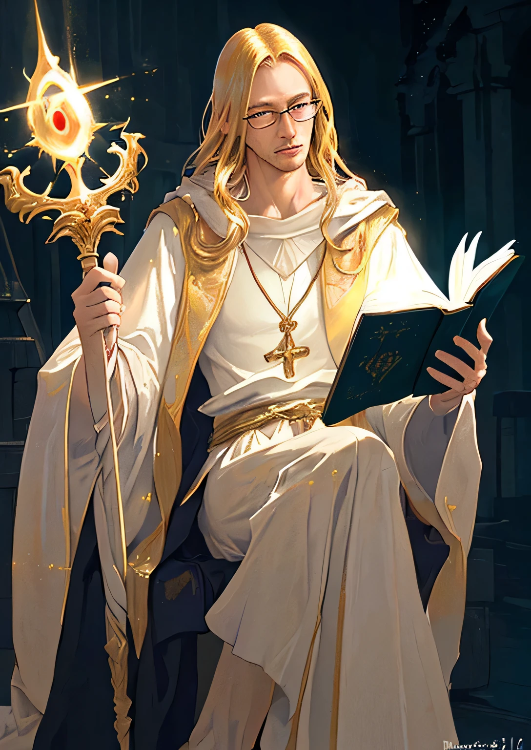(best quality, ultra-detailed, photorealistic:1.37), male, golden hair, wearing glasses, dressed in a white robe, a wizard, holding a book in the left hand, holding a staff in the right hand, emanating a sense of divinity and authority, with a sacred temple in the background