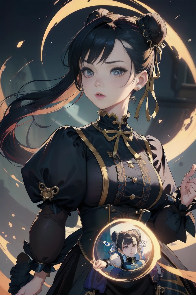 Sfw, (vivid colors,ultra-detailed),(best quality:1.37)chun li reimagined as a Victorian goth girl in a dark Victorian era backdrop, full body, 