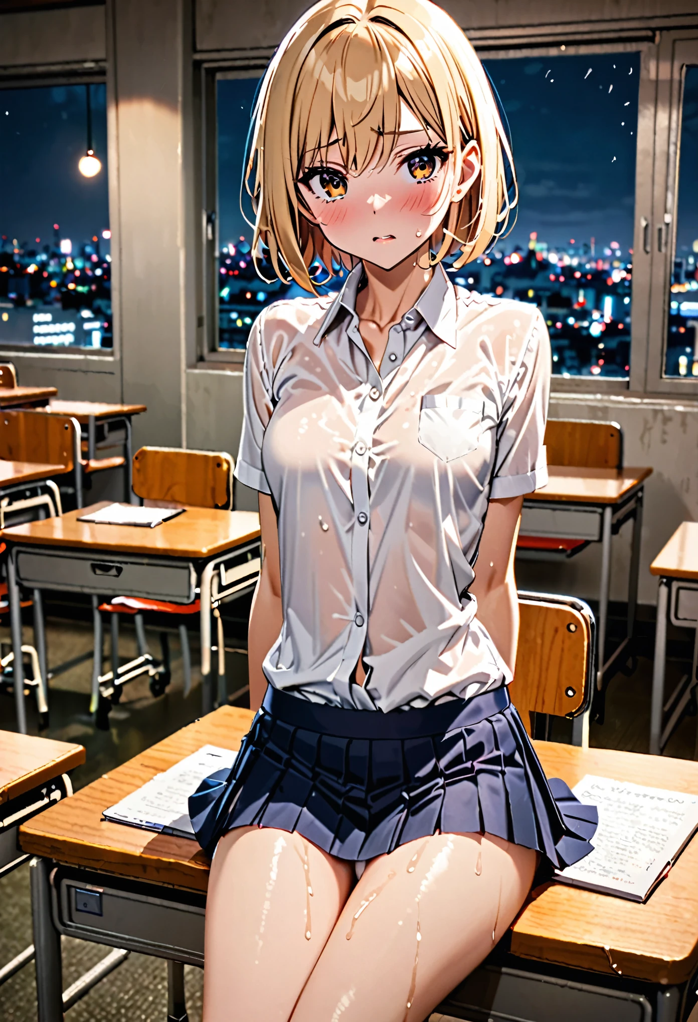 1 female,The perfect 20 years old,gal,((ideal ratio body proportions:1.3,small head:1.7)),((dark brown skin)),((high quality anime, 8k,masterpiece,Perfect Anatomy)),(beautiful detailed face and eyes,gorgeous eye:1.3),  BREAK  ,brown eyes,  BREAK  ,blonde hair,short bob hair,bangs,  BREAK  ,blush,Anxious expression,cowboy shot,small breasts,slender body, toned  body,skinny,sweat,  BREAK  ,Academy服、white formal shirt、pleated navy mini skirt,perfect white panties、Wet crotch、　BREAK   ,Sit at a desk、spread less,arms behind back,classroom、Academy、Tokyo、at night、