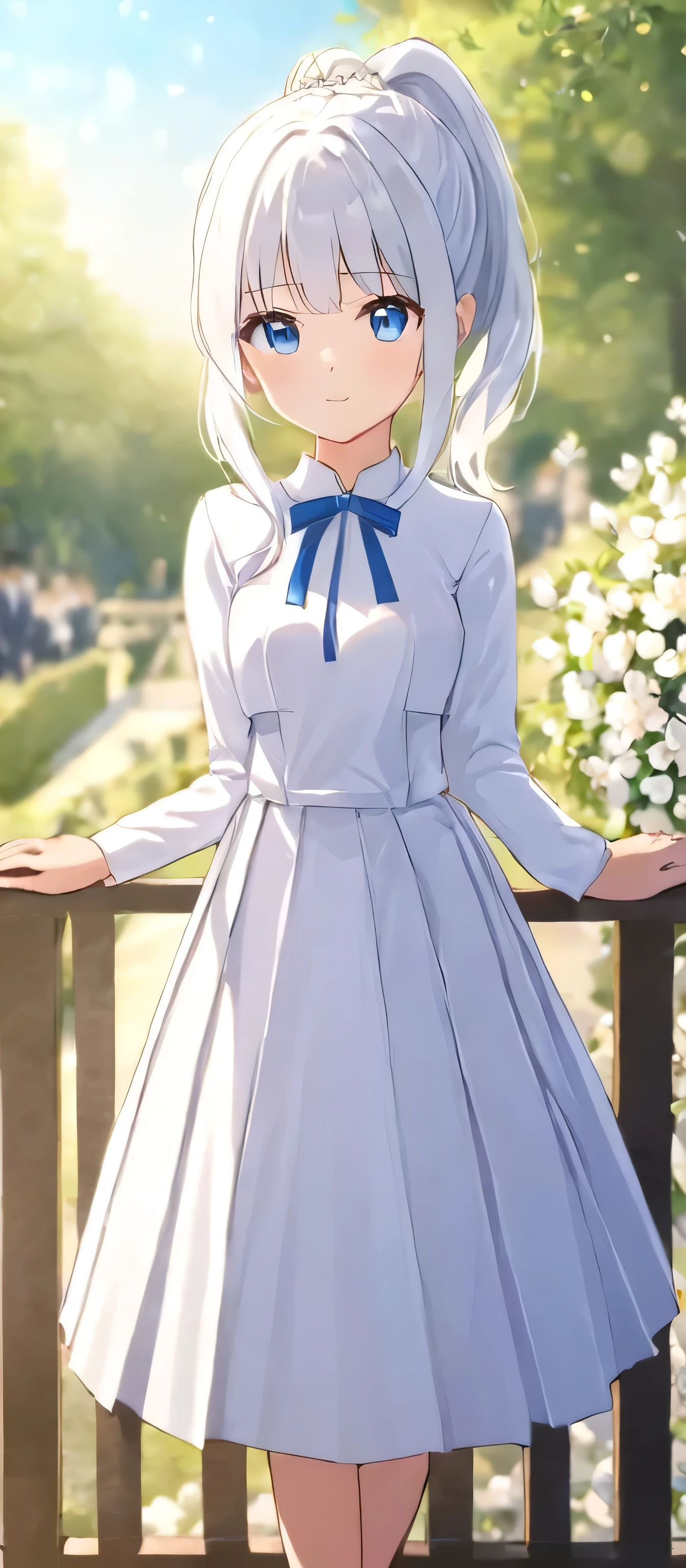 1girl, mature_girl, wedding_dress, solo, inoue_takina, pony_tail, one-tone_dress, pleated_dress, blue_eyes, dress, white_dress, outdoors, bangs, white_hair, looking_at_viewer, closed_mouth, long_sleeves, white_dress, wedding_ceremony, holding_hands, day, ornament_wedding, blurry_background, blurry, flowers, railing