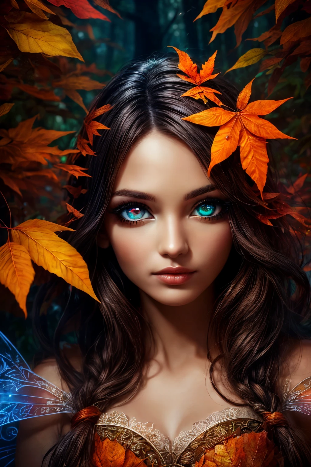 This is an ((ultra detailed)) and ((best quality)) fantasy (((masterpiece))). Generate a beautiful wood faerie standing in the middle of a magical forest. Detailed leaves of oranges and reds float through the air and seem to swirl in a strong gust of wind. The ((faerie's eyes are important)) and are beautiful eyes, ((realistically detailed eyes)), interesting eyes, and (((colorful eyes))) with complex patterns. Her clothes are soft and in autumnal hues, with flowing silk that dances in the breeze. Utilize ((dynamic composition)) and cinematic lighting to create a compelling image. Include beautiful eyes, (puffy lips), orange leaves, red detailed leaves, hazy rays of light, wind, cold