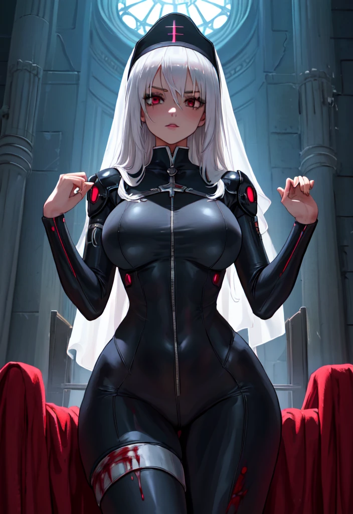 anime nun girl in a black bodysuit outfit in a gothic cathedra, nun outfit, nun, wearing shiny breastplate, cyberpunk, divine ray over her head, holy armor,  holy cyborg necromancer girl, vampire nun, behind her a gothic cathedral, thicc, blood rayne, vampir hunter d, sliver hair, blood, creepy,