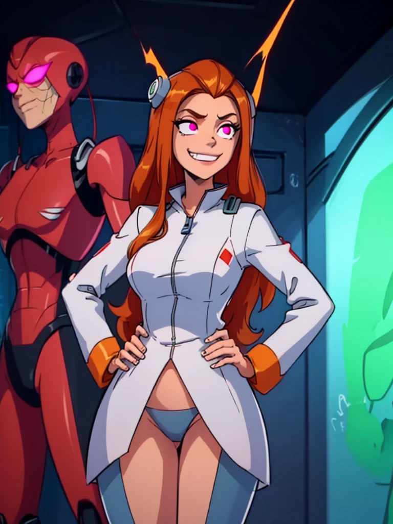 Sfw, mind control Sam by spider helmet robot, ginger hair, 'I have Sam's body', successfully possessed Sam, Glowing red piercing eyes, pervy evil grin, 'this is my body now', hahahaha, satisfying looks, venus body, , wearing white laboratory coat with green spy suit underneath, hands on hip, spider helmet