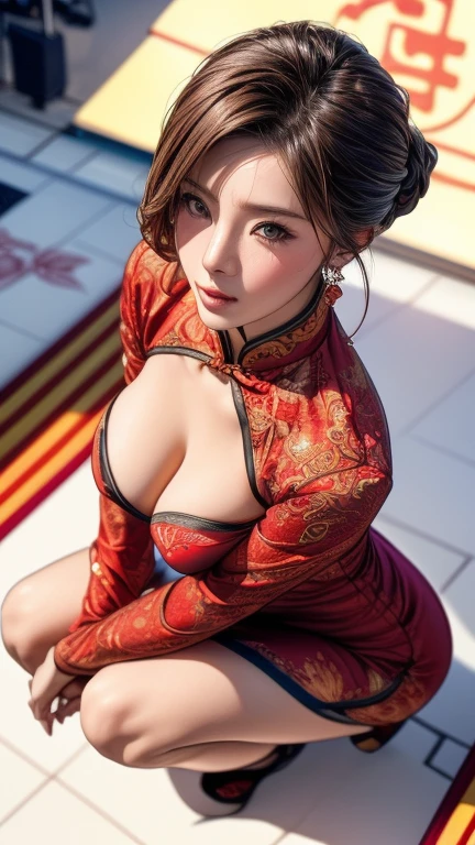 China dressを着た中国人女性, Very detailed decorations, (((masterpiece))), ((highest quality)), ((Intricate and detailed)), ((Ultra-realistic)),(perspective), Absurd resolution, Mature Woman, Mature Woman, perspective, Very detailed, figure,, (Large Breasts), Perfect hands, Detailed fingers, Beautiful fine details, Updo, Brown eyes,(China dress:1.2), Earrings, Detailed Background, Perfect Eyes, Seductive eyes, Squatting in front of an audience,(Look up),(Looking at the audience:1.8),(View from above:1.5) ,((Crouch in front of the viewer)) ,White floors