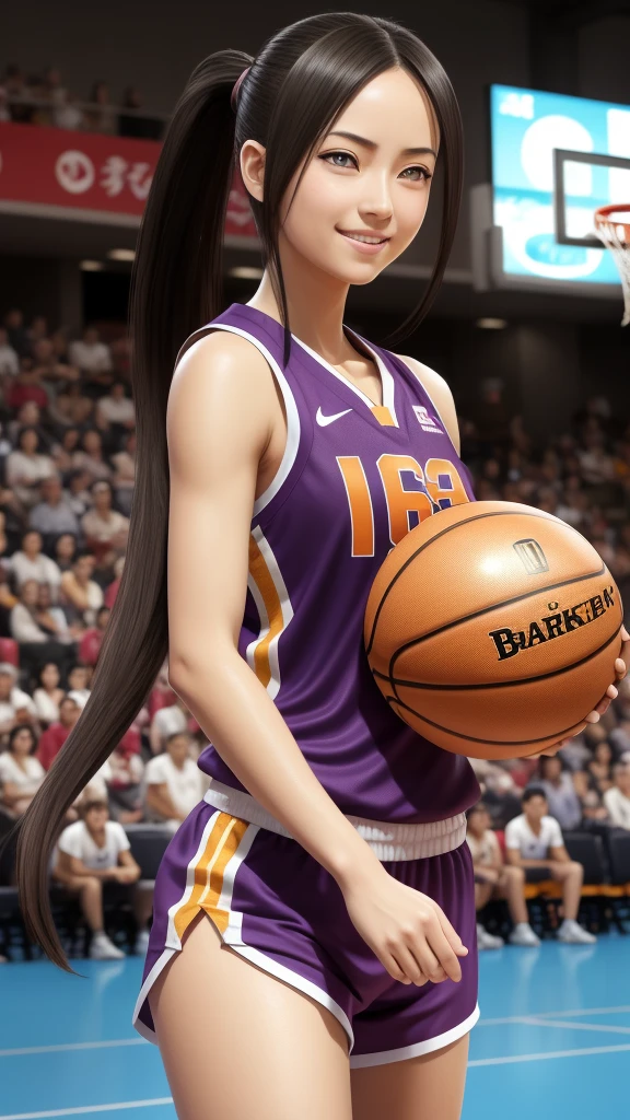 hyuuga hanabi, long hair tied low, hair band, hana purple eyes, ponytail, beautiful, beautiful woman, perfect body, perfect breasts, wearing a basketball jersey, on the basketball court, holding a basketball, basketball hoop, looking at the audience, little smile, realism, masterpiece, textured skin, super detail, high detail, high quality, best quality, 1080p, 16k