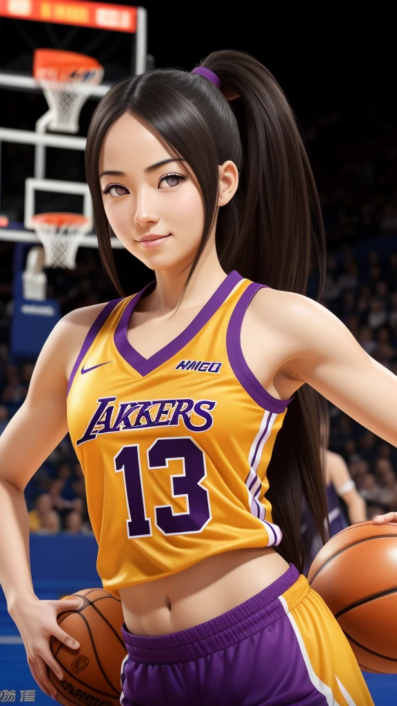 hyuuga hanabi, long hair tied low, hair band, hana purple eyes, ponytail, beautiful, beautiful woman, perfect body, perfect breasts, wearing a basketball jersey, on the basketball court, holding a basketball, basketball hoop, looking at the audience, little smile, realism, masterpiece, textured skin, super detail, high detail, high quality, best quality, 1080p, 16k