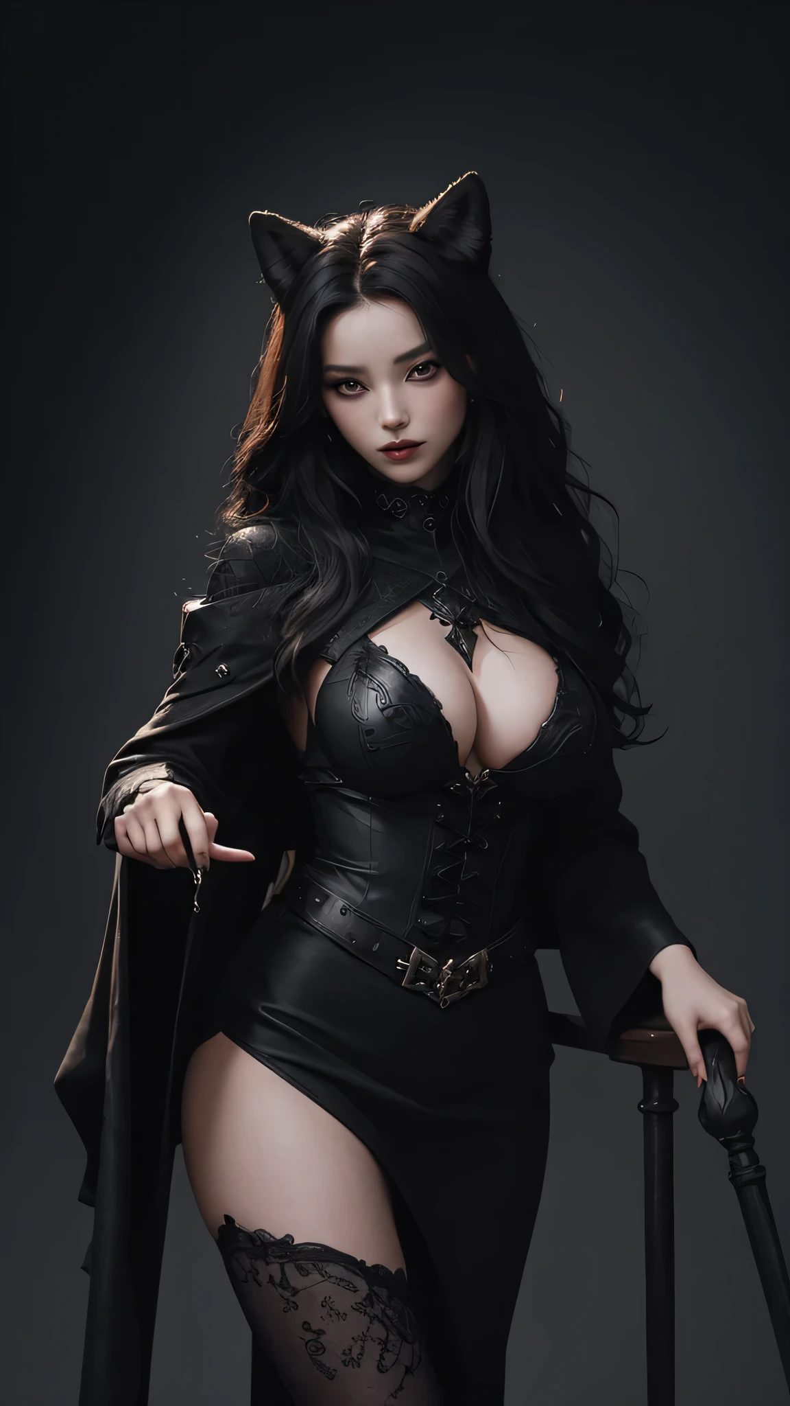 A devilish beautiful gorgeous sorcerer with a foxy figure big breasts wearing a black bodycon dressed like a witch , dark fantasy, highest quality , dreamy looking towards the camera 8k