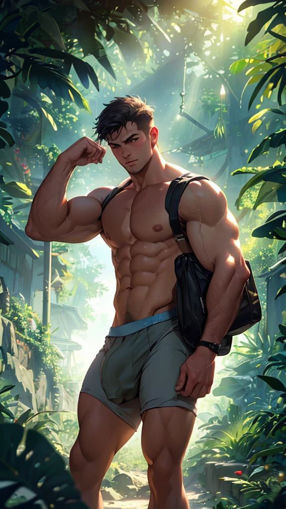 Libido boy，fisiculturista, de sunga transparente branca, Big bag，CG sense，8K,Cinematic lighting effects，Textured skin，best qualtiy，Storytelling images，Storytelling images，dynamic blur, bulge, jungle atmosfere, 