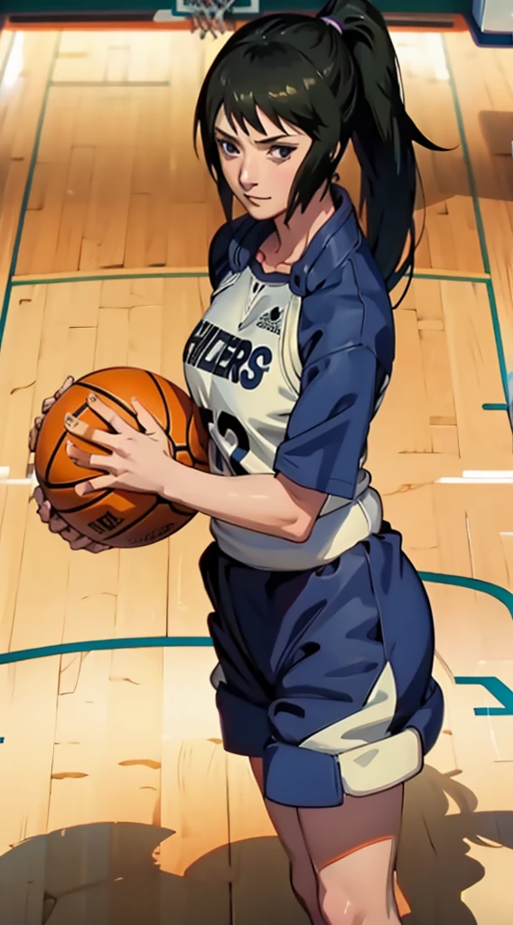Shizune, long hair tied low, hair band, hana purple eyes, ponytail, beautiful, beautiful woman, perfect body, perfect breasts, wearing a basketball jersey, on the basketball court, holding a basketball, basketball hoop, looking at the audience, little smile, realism, masterpiece, textured skin, super detail, high detail, high quality, best quality, 1080p, 16k