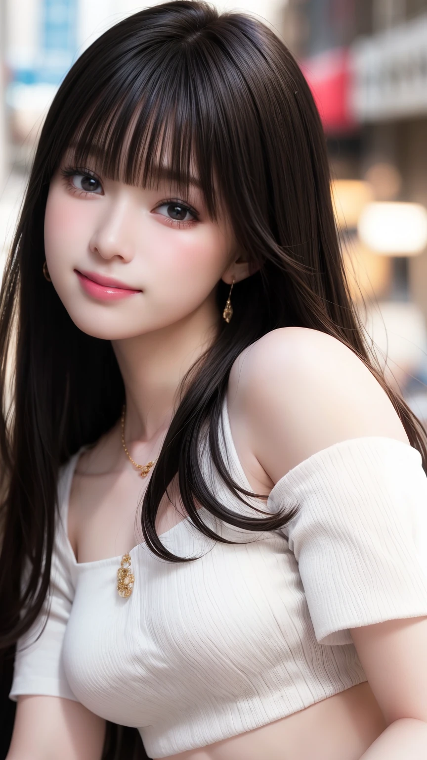 highest quality、Natural Lip、Fair skin、Great light、Beautiful lighting、((Straight Hair))、((Black Hair))、Blunt bangs、Off the shoulder、Cleavage、White crop top、mini skirt、Gorgeous Accessories、Harajuku、smile、かわいいsmile、Crowds in the city