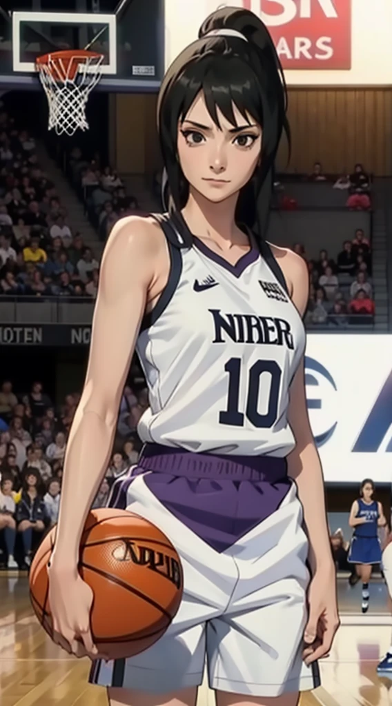 Shizune, long hair tied low, hair band, hana purple eyes, ponytail, beautiful, beautiful woman, perfect body, perfect breasts, wearing a basketball jersey, on the basketball court, holding a basketball, basketball hoop, looking at the audience, little smile, realism, masterpiece, textured skin, super detail, high detail, high quality, best quality, 1080p, 16k