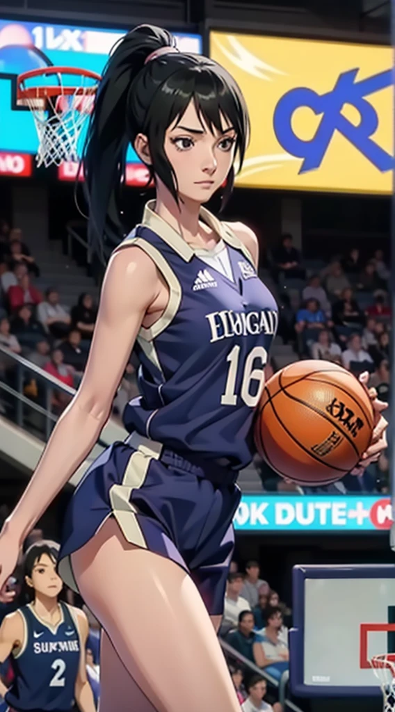 Shizune, long hair tied low, hair band, hana purple eyes, ponytail, beautiful, beautiful woman, perfect body, perfect breasts, wearing a basketball jersey, on the basketball court, holding a basketball, basketball hoop, looking at the audience, little smile, realism, masterpiece, textured skin, super detail, high detail, high quality, best quality, 1080p, 16k
