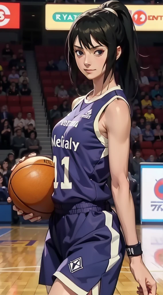 Shizune, long hair tied low, hair band, hana purple eyes, ponytail, beautiful, beautiful woman, perfect body, perfect breasts, wearing a basketball jersey, on the basketball court, holding a basketball, basketball hoop, looking at the audience, little smile, realism, masterpiece, textured skin, super detail, high detail, high quality, best quality, 1080p, 16k